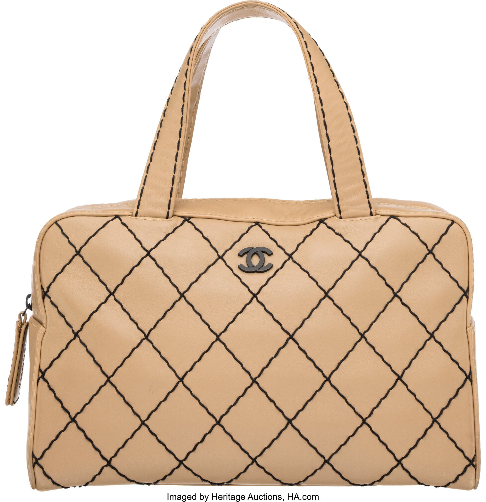Chanel Vintage Beige and Black Quilted Wild Stit: Chanel Vintage Beige and Black Quilted Wild Stitch Quilted Lambskin Leather Shoulder Bag 2000-2002 Condition: 4 12.5" Width x 8" Height x 5" Depth This bag is done in Beige Lambskin Leath