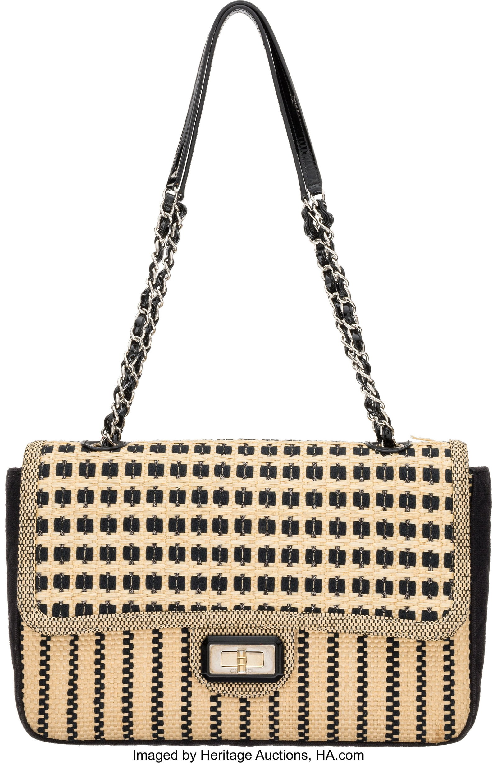 Chanel Beige & Black Raffia Straw 2.55 Reissue F: Chanel Beige & Black Raffia Straw 2.55 Reissue Flap Bag with Mixed Hardware 2011-2012 Condition: 3 12" Width x 7.5" Height x 2.5" Height This bag is done in Beige and Bl