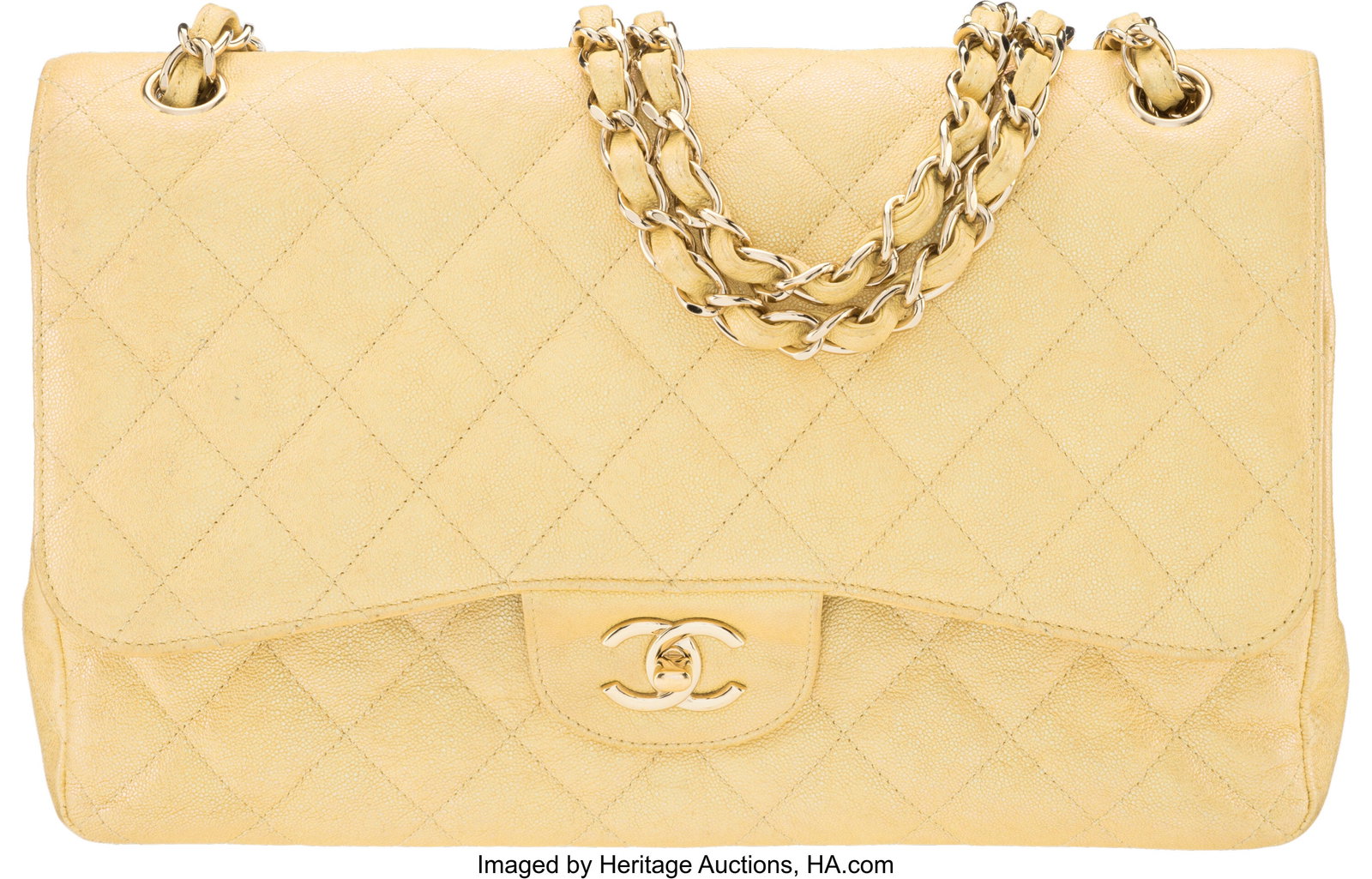 Chanel Iridescent Yellow Caviar Quilted Leather : Chanel Iridescent Yellow Caviar Quilted Leather Jumbo Classic Double Flap Bag with Gold Hardware 2019 Condition: 3 11.75" Width x 7.75" Height x 4" Depth This bag is done in Irides