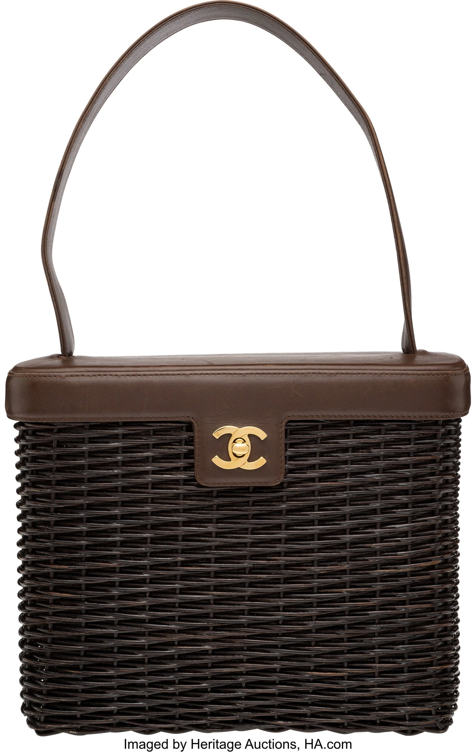 Chanel Vintage Brown Leather & Wicker Basket Bag: Chanel Vintage Brown Leather & Wicker Basket Bag with Gold Hardware 1997-1999 Condition: 3 9" Width x 8" Height x 3.5" Depth This bag is done in Brown Leather and Wicker with Gold Har