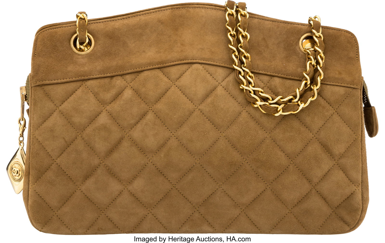 Chanel Brown Quilted Suede Shoulder Bag with Gol: Chanel Brown Quilted Suede Shoulder Bag with Gold Hardware 1989-1991 Condition: 3 11.75" Width x 8" Height x 2.75" Depth This bag is done in Brown Quilted Suede with Gold Hardware&