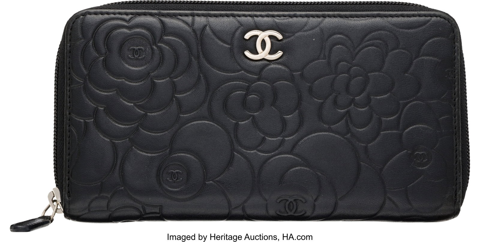 Chanel Black Camellia Embossed Leather Zip Aroun (1 of 2)