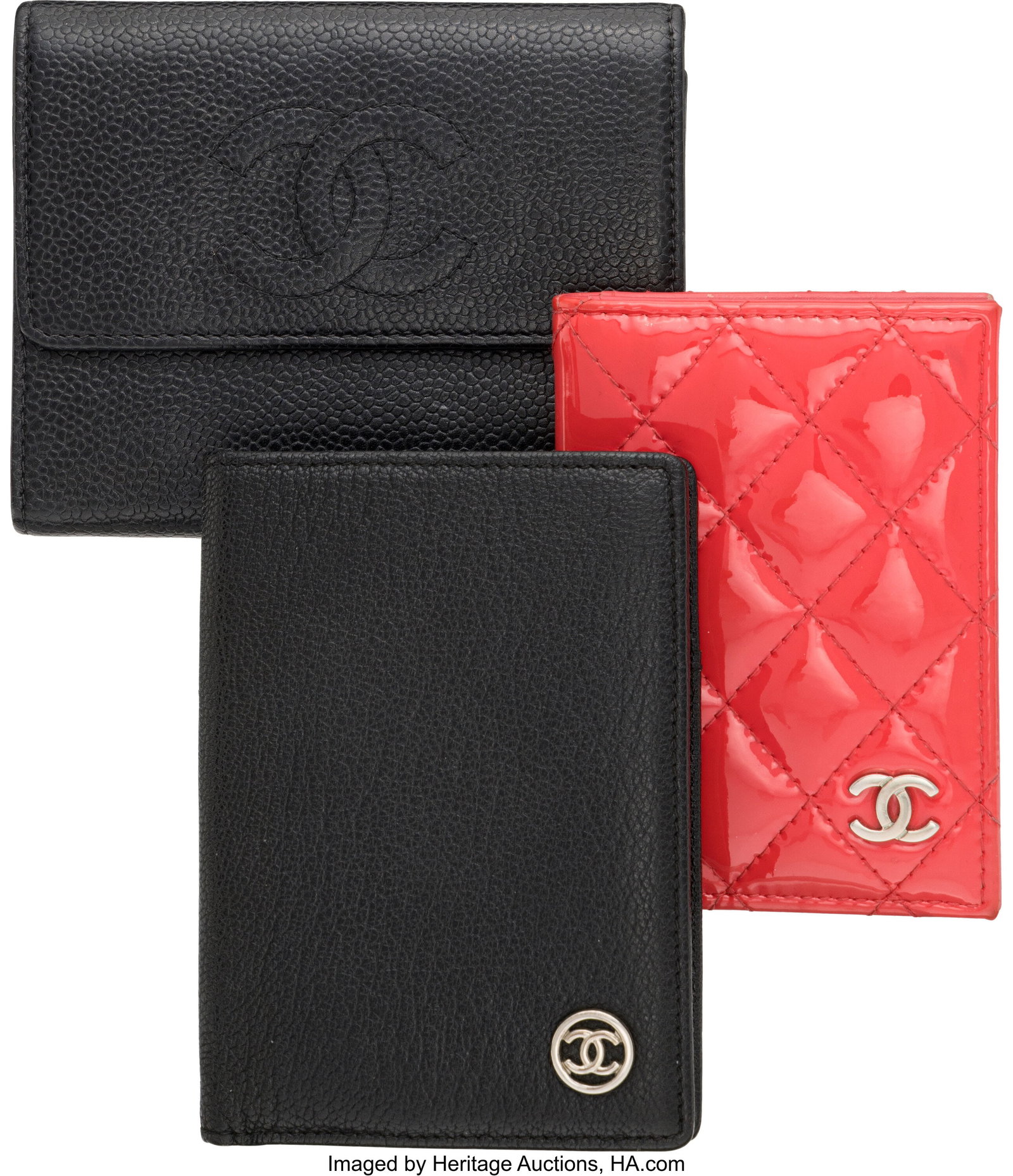 Chanel Set of Three: Leather Wallets See Extende: Chanel Set of Three: Leather Wallets See Extended Condition Report for Details: This set includes: Chanel Black Caviar Leather Bifold Wallet with Silver Hardware (2006-2008&comm