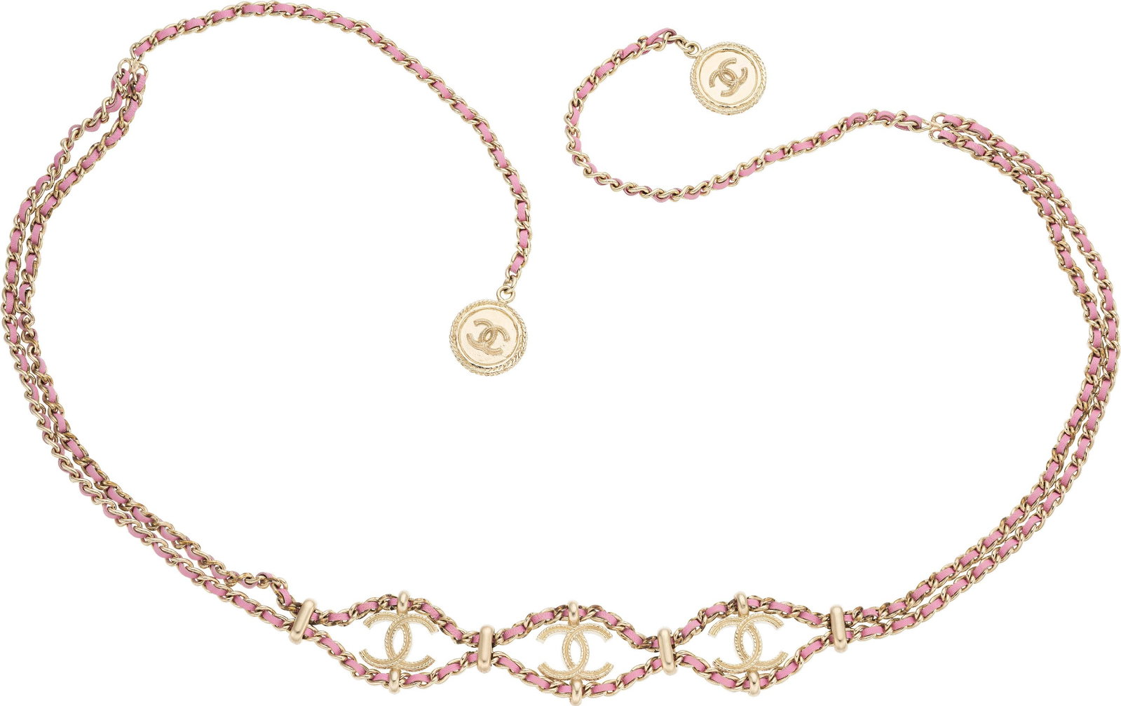 Brushed Gold & Pink Woven Leather CC Necklace At: Brushed Gold & Pink Woven Leather CC Necklace Attributed to Chanel, Cruise 2018 Condition: 1 27" Length This necklace is done in Brushed Gold Plated Hardware and Pink Leather. T