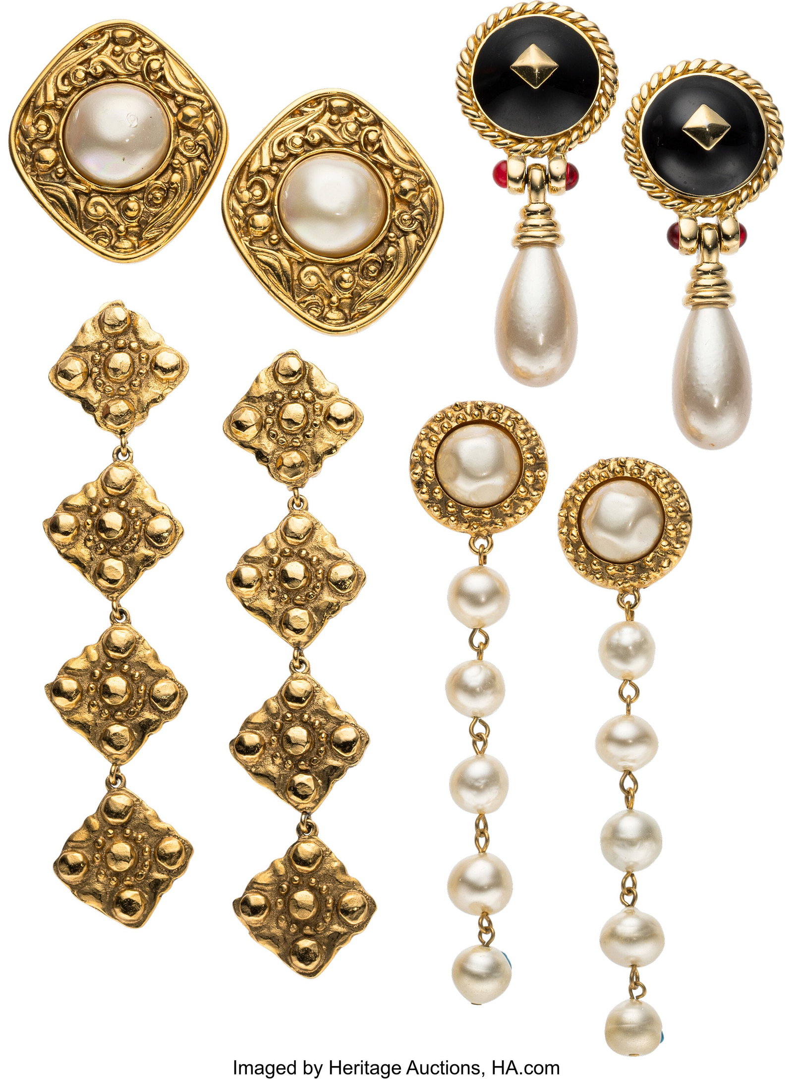 Set of Four: Vintage Chanel & Ciner Earrings See: Set of Four: Vintage Chanel & Ciner Earrings See Extended Condition Report for Details. This set includes: Chanel Gold Plated Faux Pearl Drop Clip On Earrings (1984-1985&co
