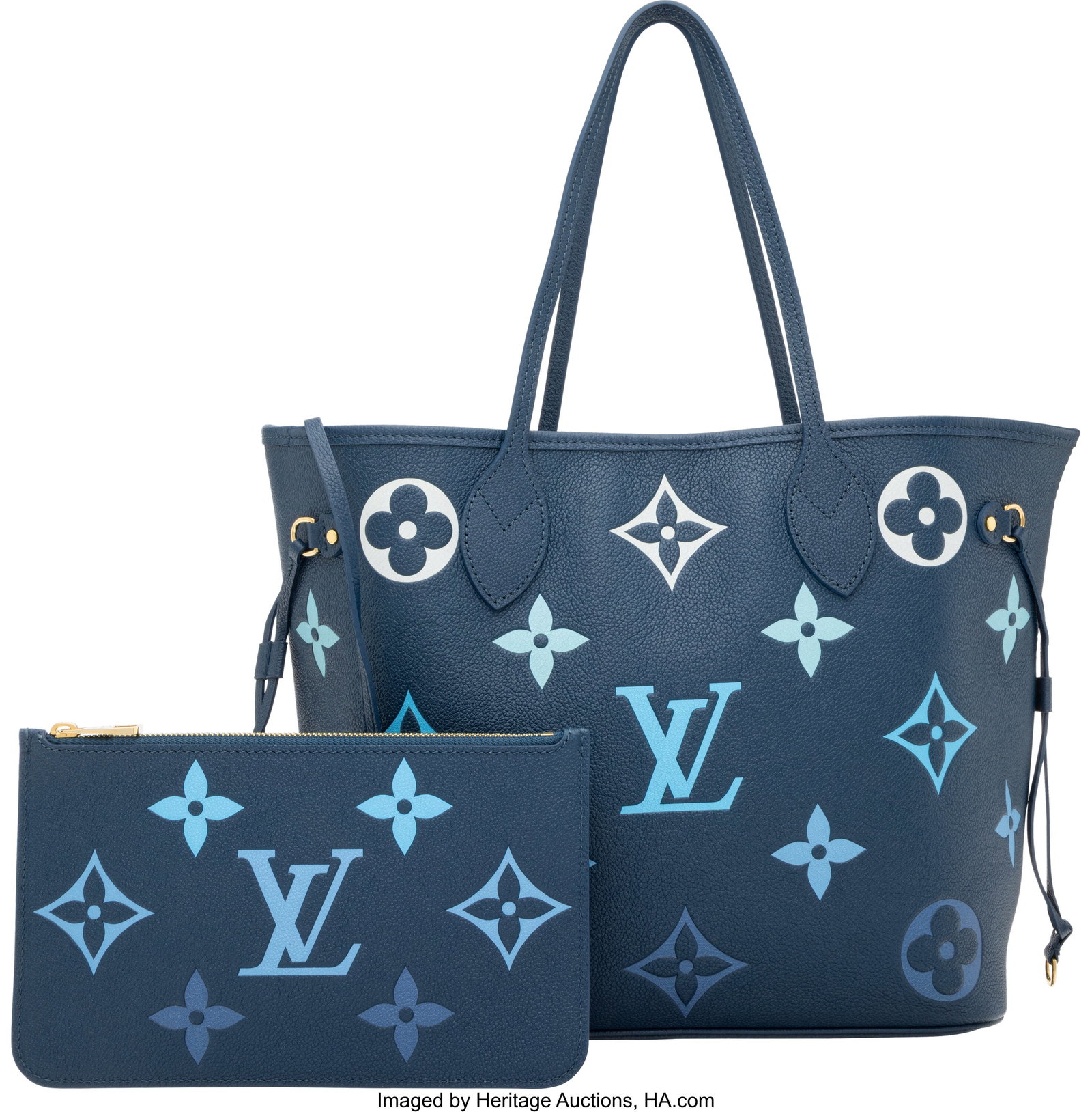 Louis Vuitton Degrade Bleu Giant Monogram Emprei: Louis Vuitton Degrade Bleu Giant Monogram Empreinte Leather Neverfull MM Condition: 2 2.5" Width x 11" Height x 6" Depth This bag is done in Degrade Bleu Giant Monogram Empreinte Leather 
