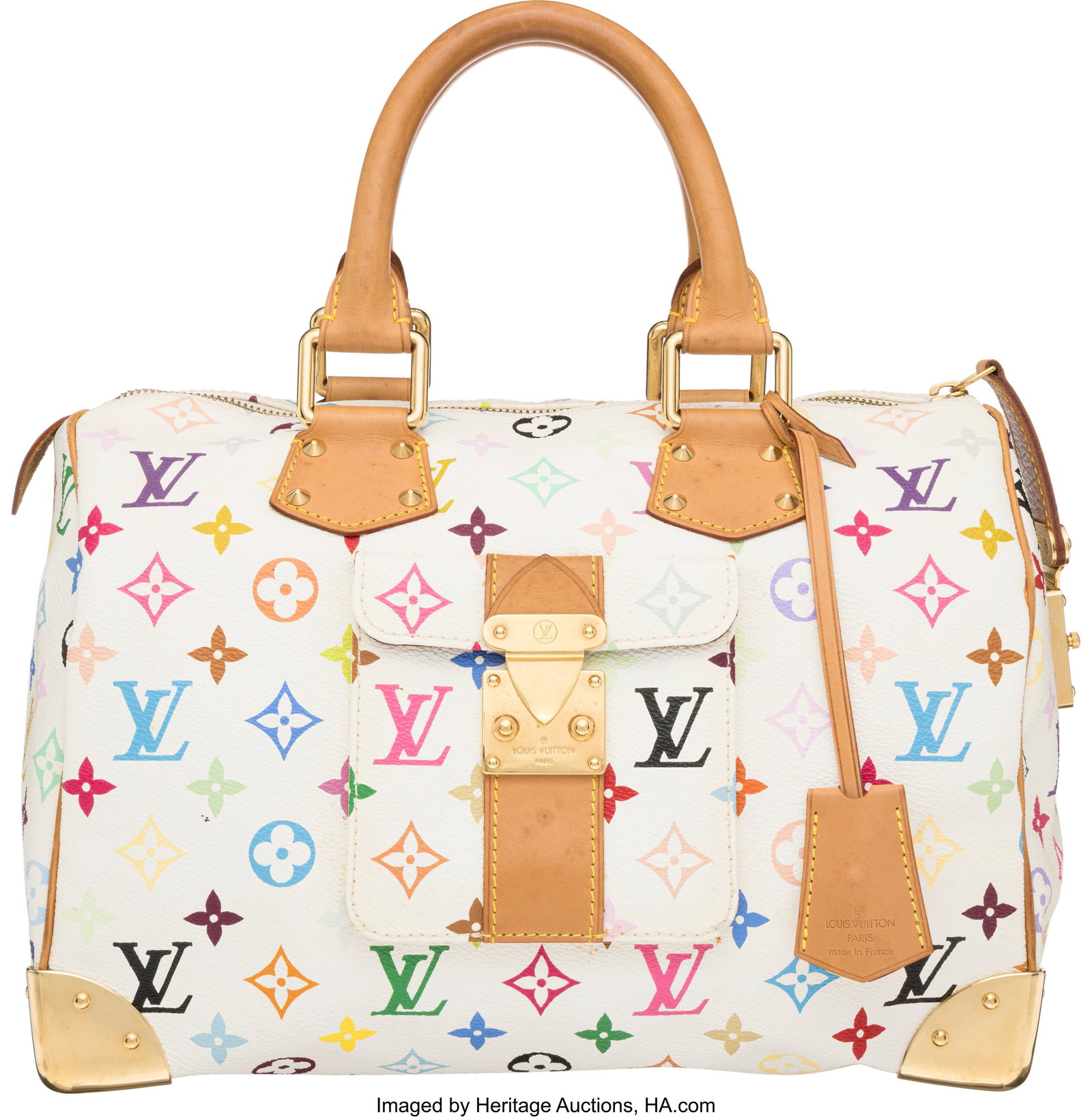 Louis Vuitton x Takashi Murakami White Multicolo: Louis Vuitton x Takashi Murakami White Multicolore Monogram Speedy 30 Bag Condition: 3 12" Width x 8.25" Height x 7" Depth This bag is done in White Multicolore Monogram Coated Canvas wit