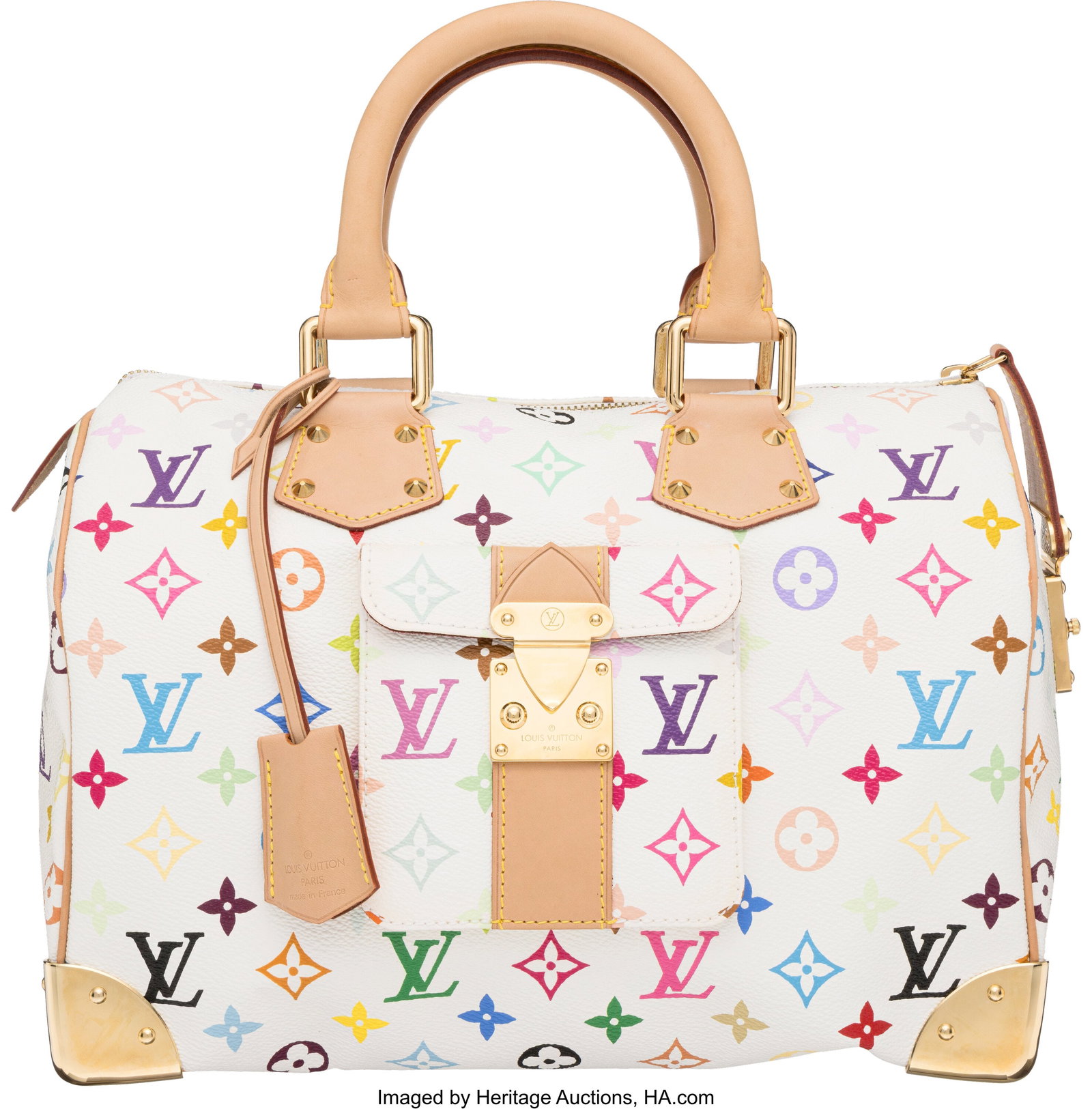 Louis Vuitton x Takashi Murakami White Multicolo: Louis Vuitton x Takashi Murakami White Multicolore Monogram Coated Canvas Speedy 30 Bag Condition: 2 12" Width x 8.25" Height x 7" Depth This bag is done in White Multicolore Monogram Coa