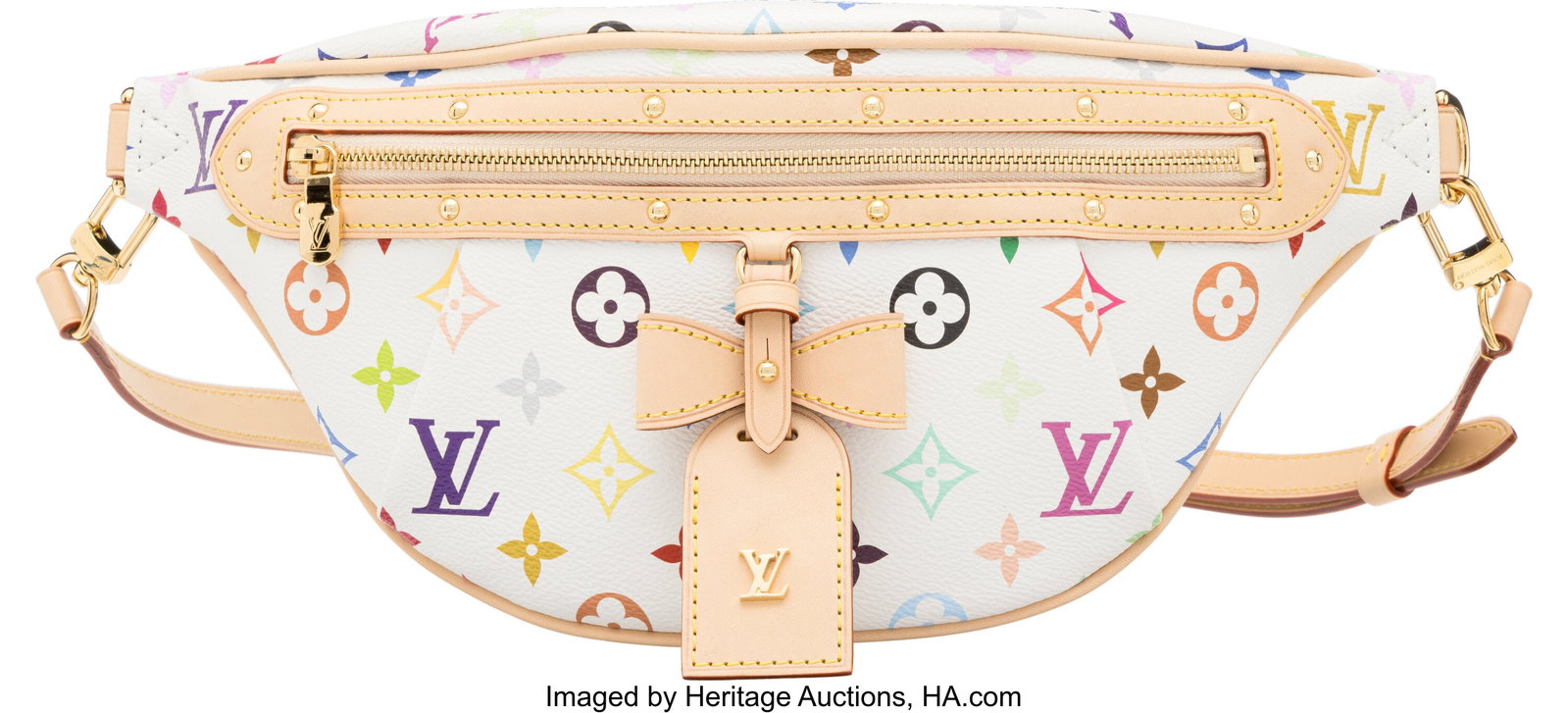Louis Vuitton x Takashi Murakami White Multicolo: Louis Vuitton x Takashi Murakami White Multicolore Monogram Coated Canvas High Rise Bum Bag with Gold Hardware 2025 Condition: 1 15" Width x 6" Height x 4" Depth This bag is done in White Multic