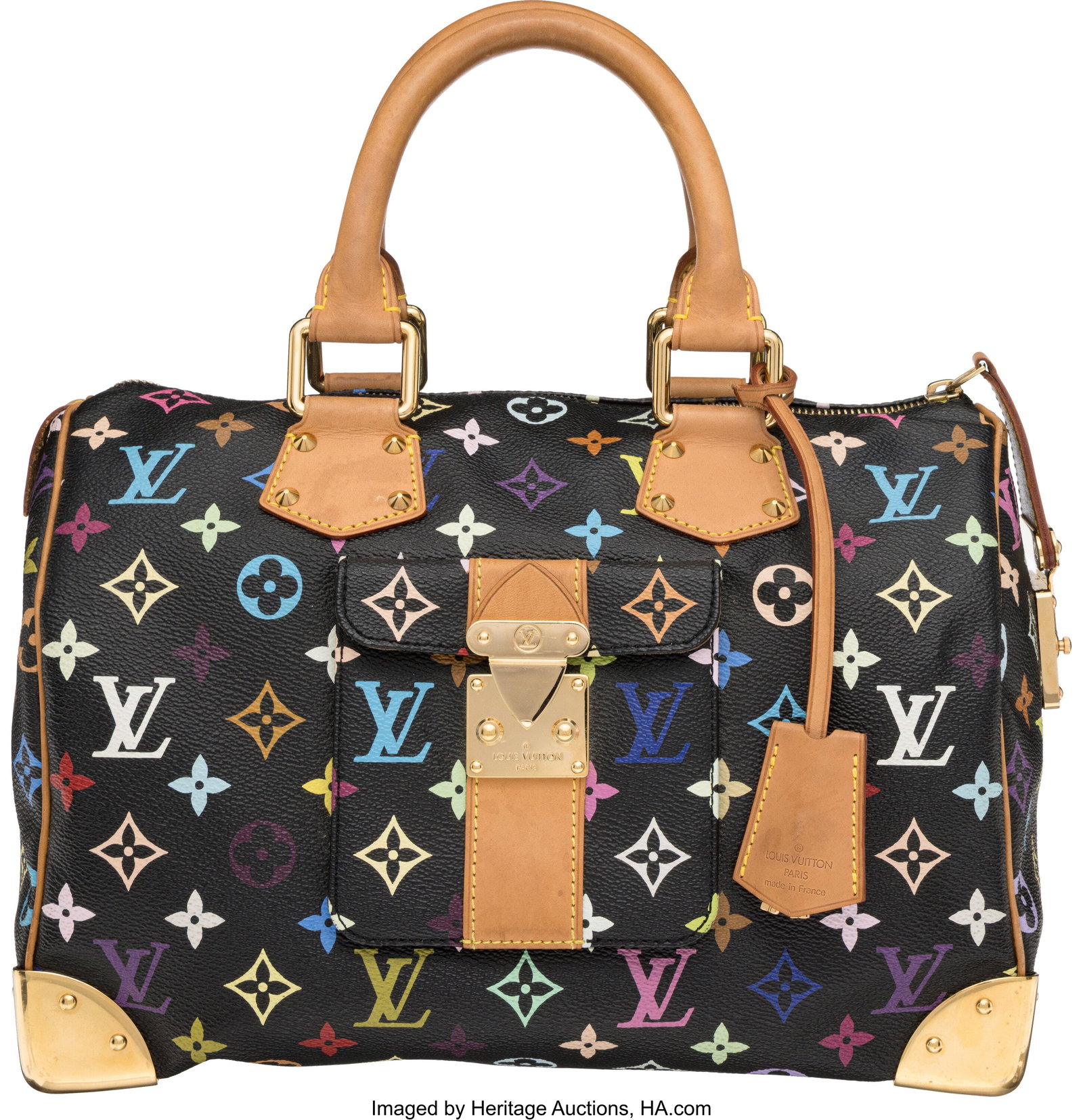 Louis Vuitton x Takashi Murakami Black Multicolo: Louis Vuitton x Takashi Murakami Black Multicolor Monogram Speedy 30 Bag Condition: 3 12" Width x 10" Height x 7" Depth This bag is done in Black Multicolore Monogram Coated Canvas with Gold Har