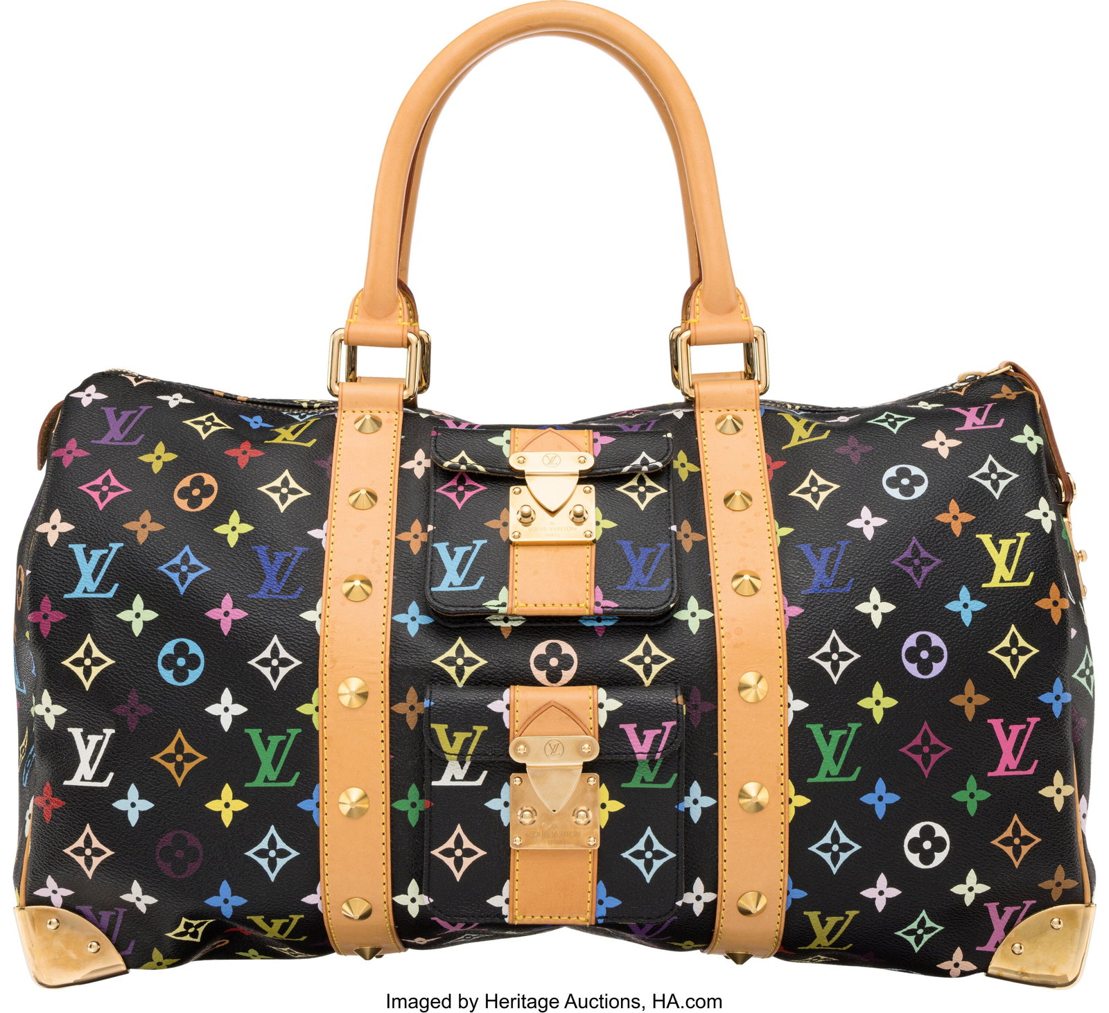 Louis Vuitton x Takashi Murakami Black Multicolo: Louis Vuitton x Takashi Murakami Black Multicolore Monogram Coated Canvas Keepall 45 2004 Condition: 2 18.25" Width x 12" Height x 8" Depth This bag is done in Black Mutlicolore Monogram 