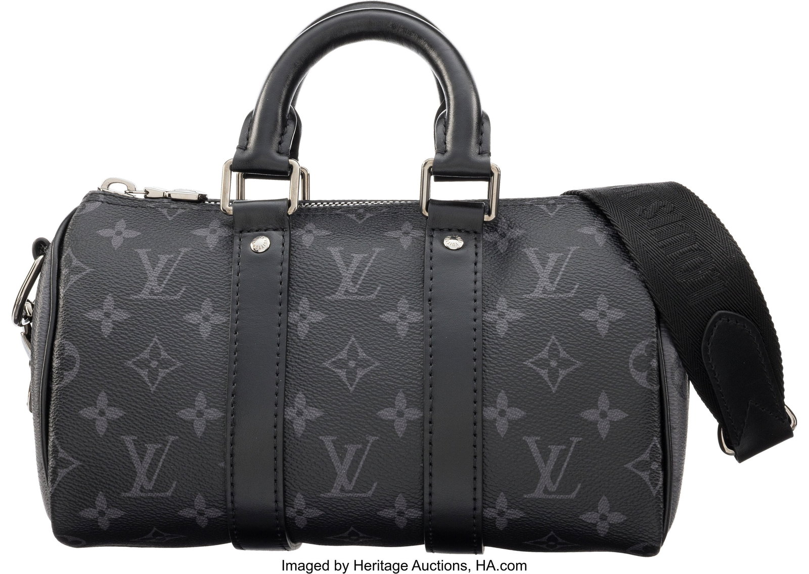 Louis Vuitton Black & Grey Monogram Coated Canva: Louis Vuitton Black & Grey Monogram Coated Canvas Keepall Bandoulière 25 Condition: 2 10" Length x 6" Height x 4" Depth This bag is done in Black and Grey Monogram Coated Canvas with 