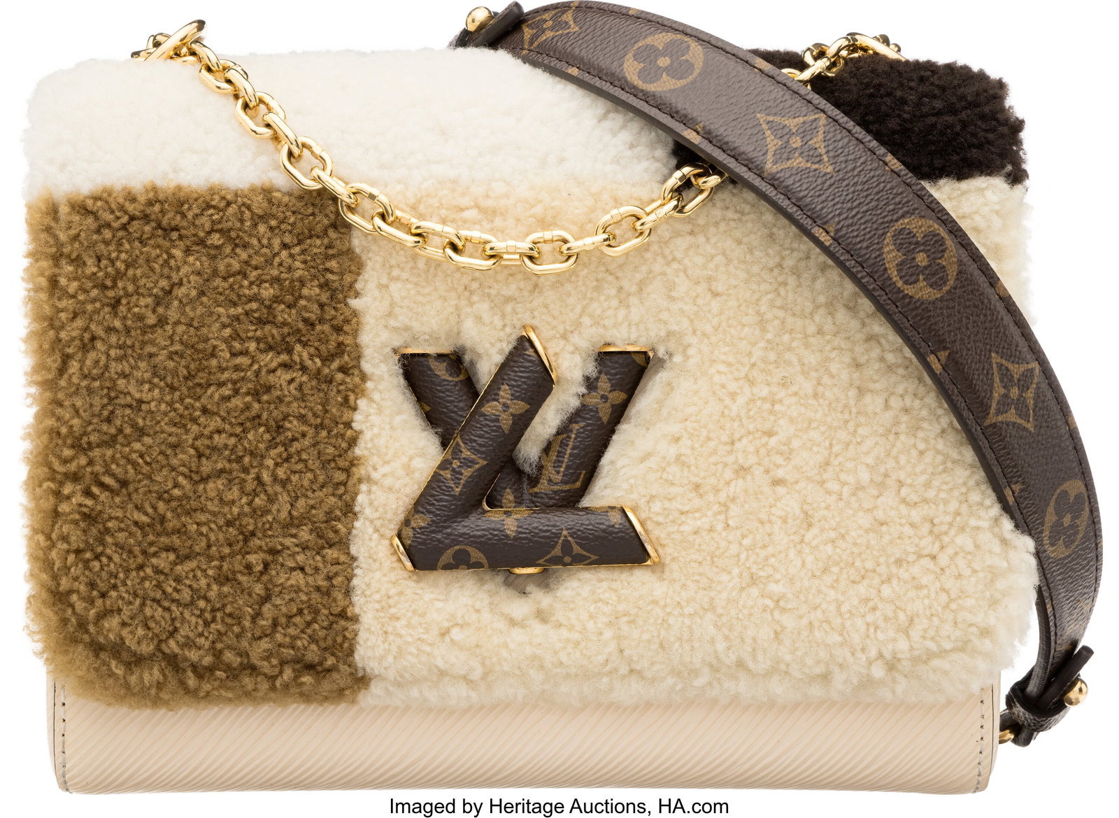 Louis Vuitton Shearling, Epi Leather, & Monogram: Louis Vuitton Shearling, Epi Leather, & Monogram Coated Canvas Twist MM Bag with Gold Hardware 2019 Condition: 2 9.75" Width x 7.5" Height x 4" Depth This bag is do