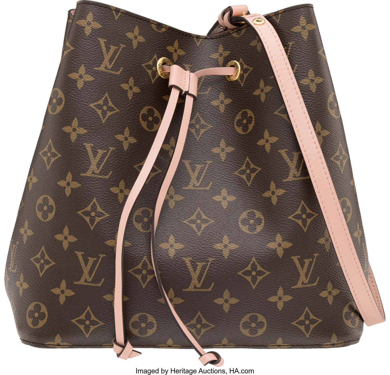 Louis Vuitton Monogram Coated Canvas Rose Poudre: Louis Vuitton Monogram Coated Canvas Rose Poudre NéoNoé MM Bag Condition: 2 10" Width x 10" Height x 6.5" Depth This bag is done in Monogram Coated Canvas with Rose Poudre