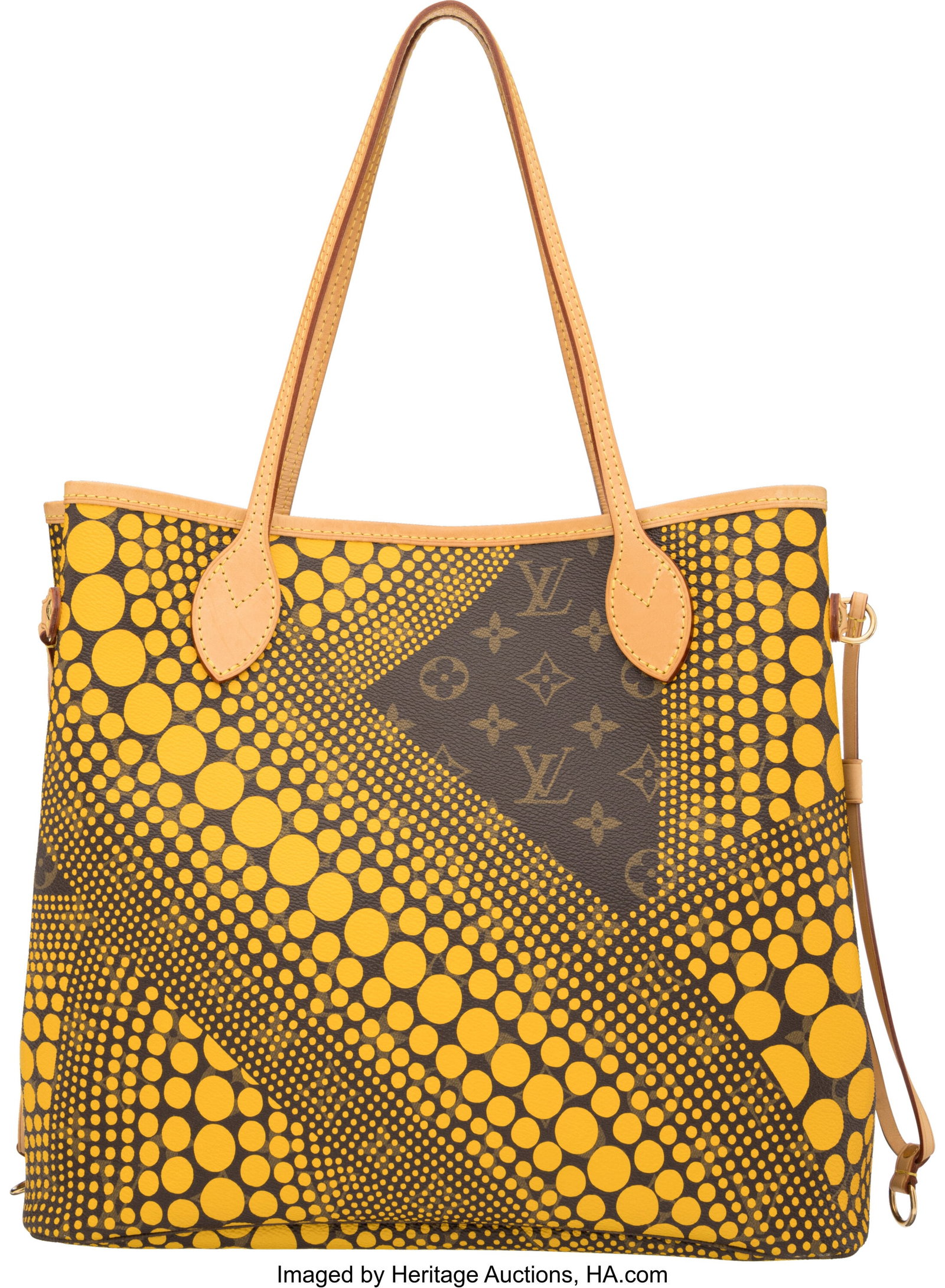 Louis Vuitton x Yayoi Kusama Yellow Monogram Inf: Louis Vuitton x Yayoi Kusama Yellow Monogram Infinity Waves Coated Canvas Neverfull MM Condition: 2 12.5" Width x 11" Height x 6" Depth This bag is done in Yellow Monogram Infinity Waves