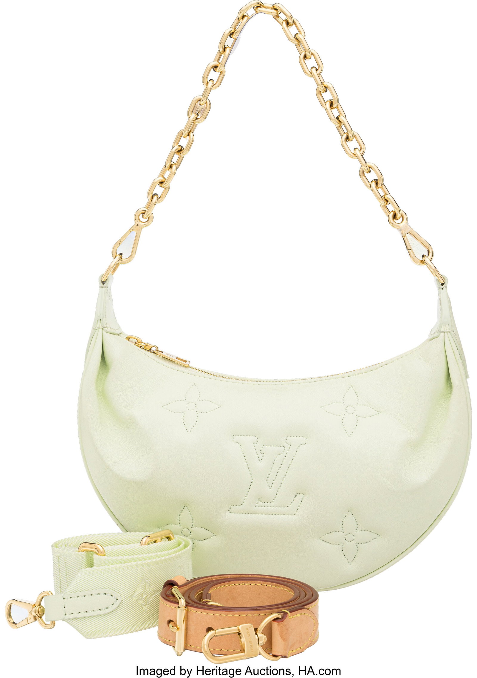 Louis Vuitton Mint Green Bubblegram Over The Moo: Louis Vuitton Mint Green Bubblegram Over The Moon Bag with Gold Hardware Condition: 2 11" Width x 6.25" Height x 3" Depth This bag is done in Mint Green Leather with Gold Hardware,
