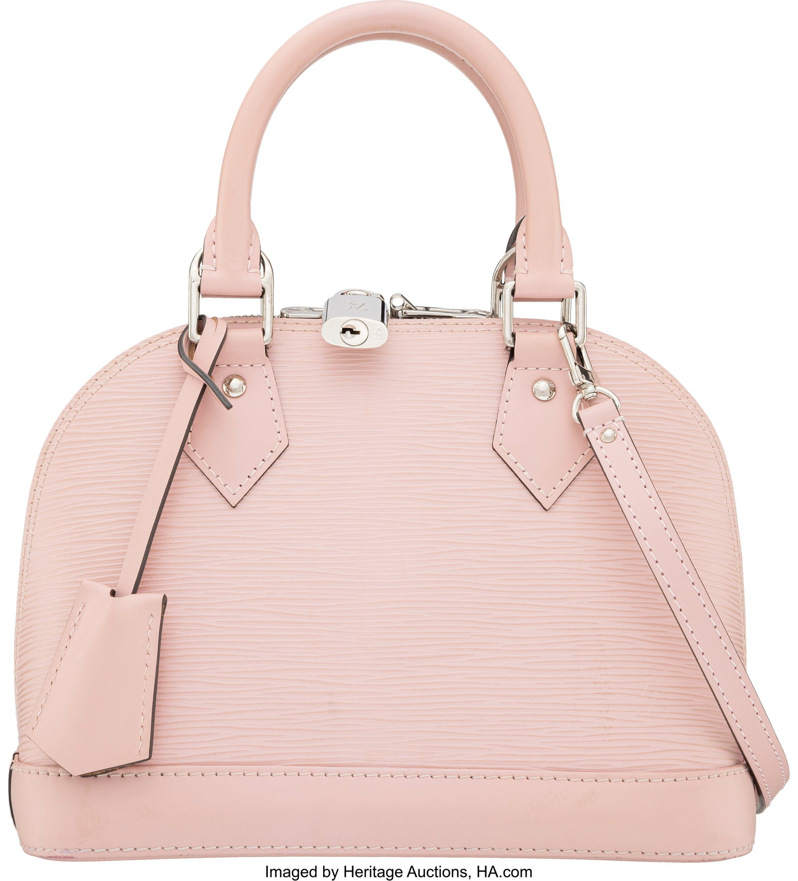 Louis Vuitton Pink Epi Leather Alma BB with Silv: Louis Vuitton Pink Epi Leather Alma BB with Silver Hardware Condition: 3 9" Width x 6.5" Height x 4" Depth This bag is done in Pink Epi Leather with Silver Hardware, featuring two t