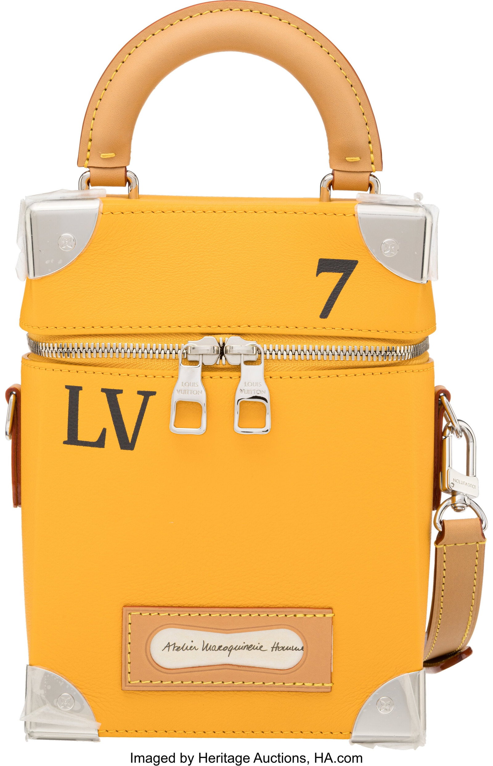 Louis Vuitton Saffron Yellow Taurillon Leather V: Louis Vuitton Saffron Yellow Taurillon Leather Vertical Box Trunk M59666 Condition: 1 6" Width x 8.25" Height x 2.5" Depth This bag is done in Saffron Yellow Taurillon Leather with
