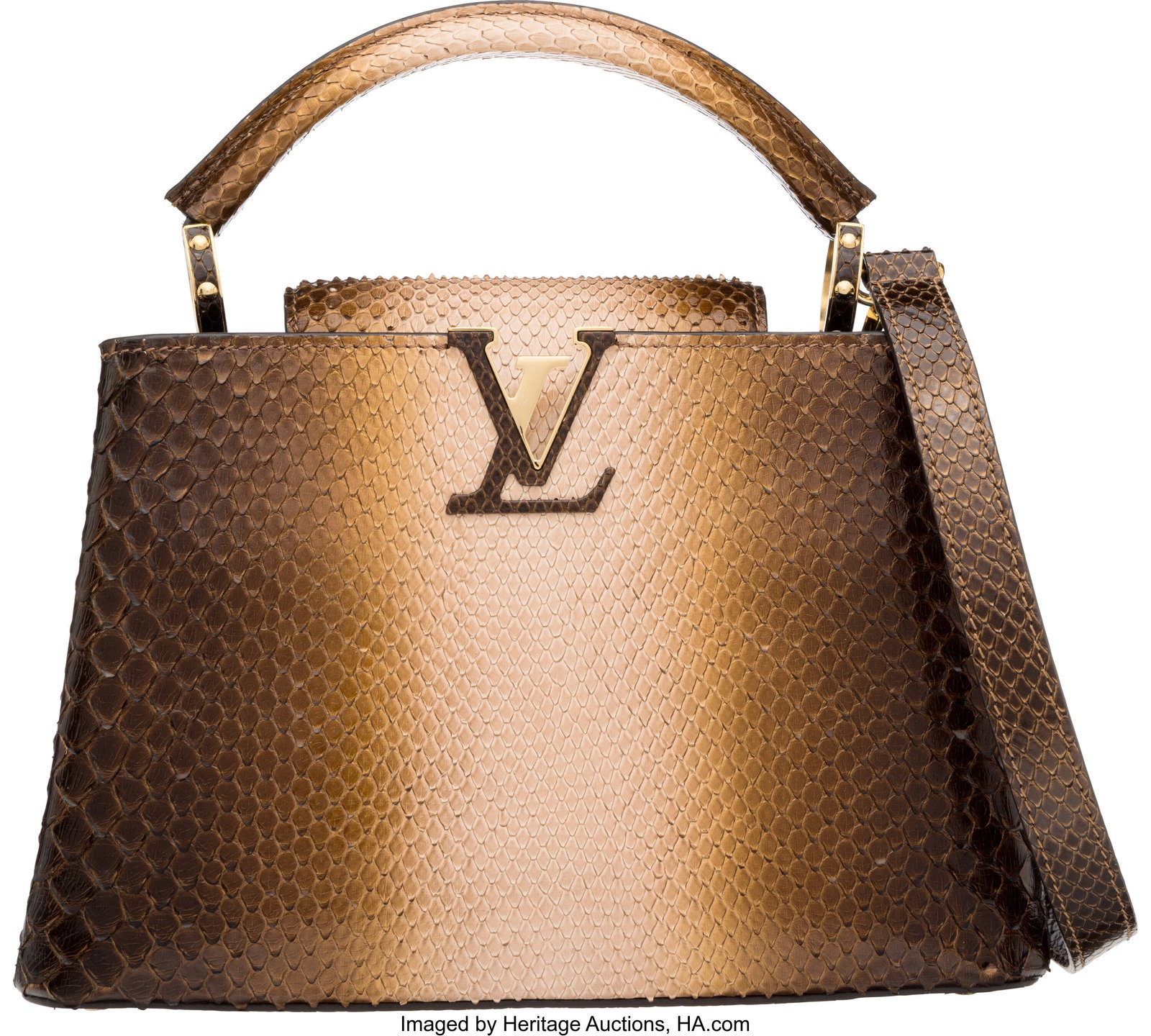 Louis Vuitton Metallic Brown Ombre Python Capuci: Louis Vuitton Metallic Brown Ombre Python Capucine BB Bag with Gold Hardware Condition: 2 10.25" Width x 7" Height x 3.5" Depth This bag is done in Brown Ombre Python with Gold Har