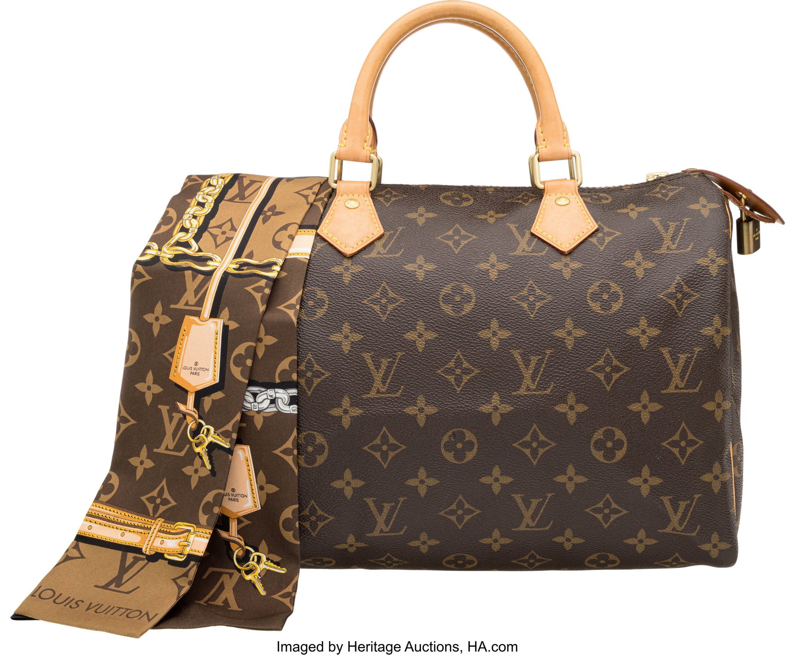 Louis Vuitton Monogram Coated Canvas Speedy 30 B: Louis Vuitton Monogram Coated Canvas Speedy 30 Bag with Silk Bandeau Scarf 2018 Condition: 2 12" Width x 8.5" Height x 7" Depth This bag is done in Monogram Coated Canvas with Vachetta Le