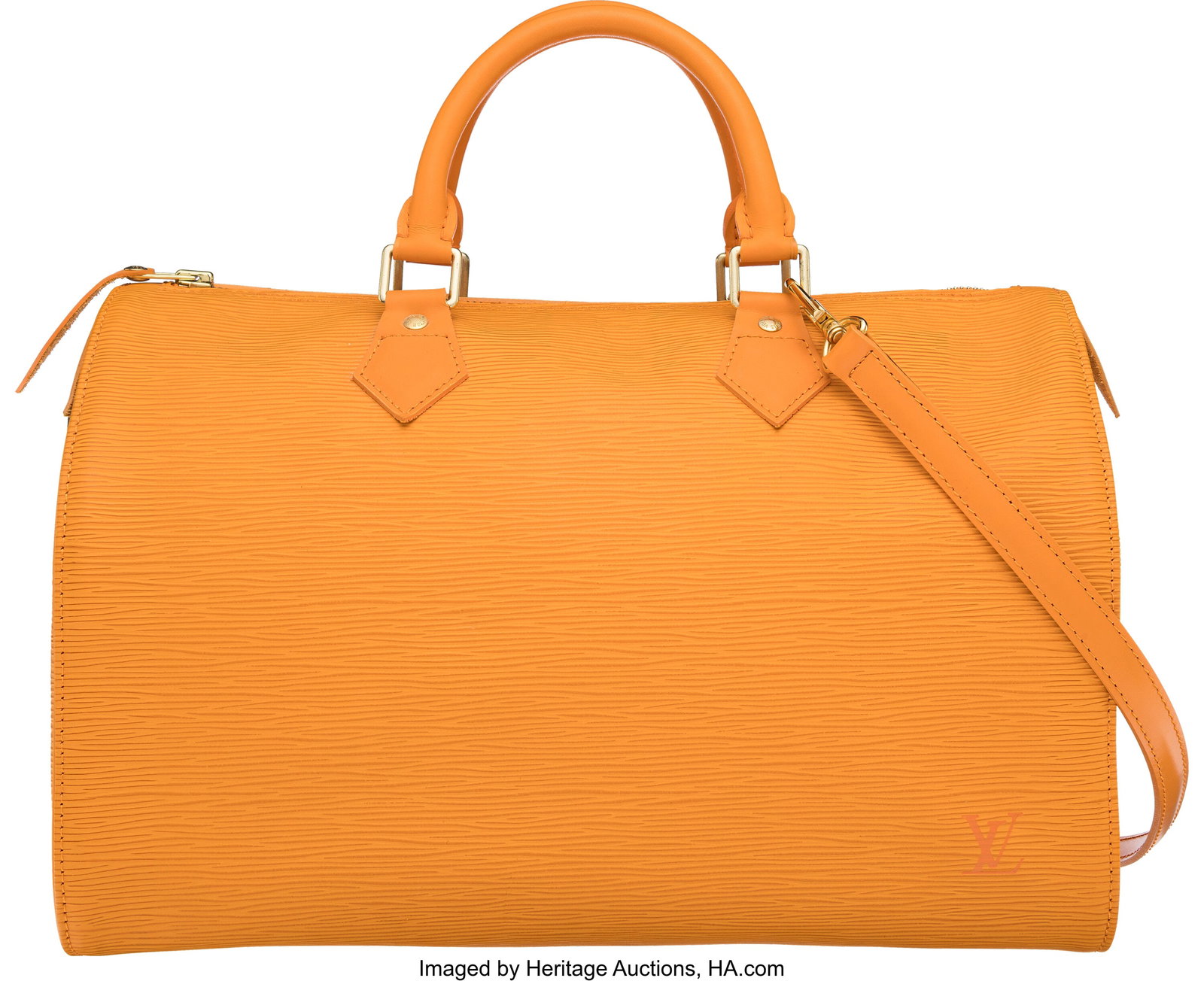 Louis Vuitton Orange Epi Leather Speedy 30 Bag w: Louis Vuitton Orange Epi Leather Speedy 30 Bag with Gold Hardware Condition: 2 12" Width x 8.5" Height x 6.75" Depth This bag is done in Orange Epi Leather with Gold Hardware&comma