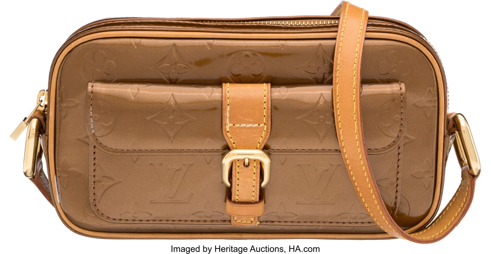 Louis Vuitton Bronze Monogram Vernis Christie MM: Louis Vuitton Bronze Monogram Vernis Christie MM Bag Condition: 4 8.5" Width x 5" Height x 2" Depth This bag is done in Bronze Monogram Vernis Leather wit Vachetta Trim and Gold Hardware&