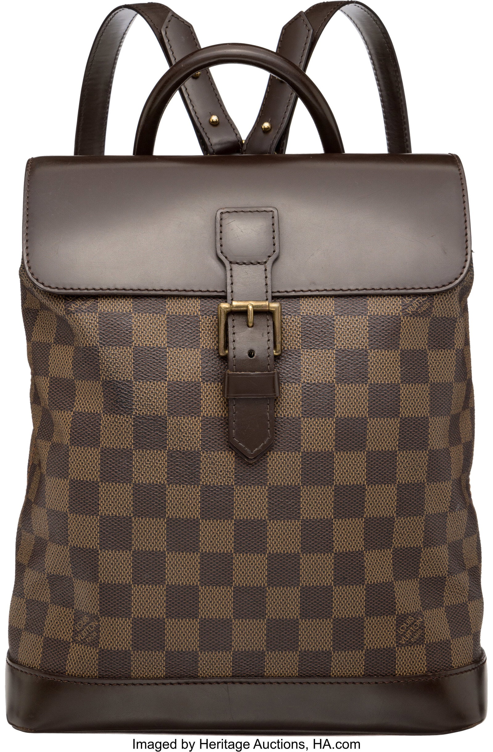 Louis Vuitton Ebene Damier Coated Canvas Soho Ba: Louis Vuitton Ebene Damier Coated Canvas Soho Backpack with Brass Hardware Condition: 3 9.5" Width x 11" Height x 4" Depth This backpack is done in Ebene Damier Coated Canvas with Brown L