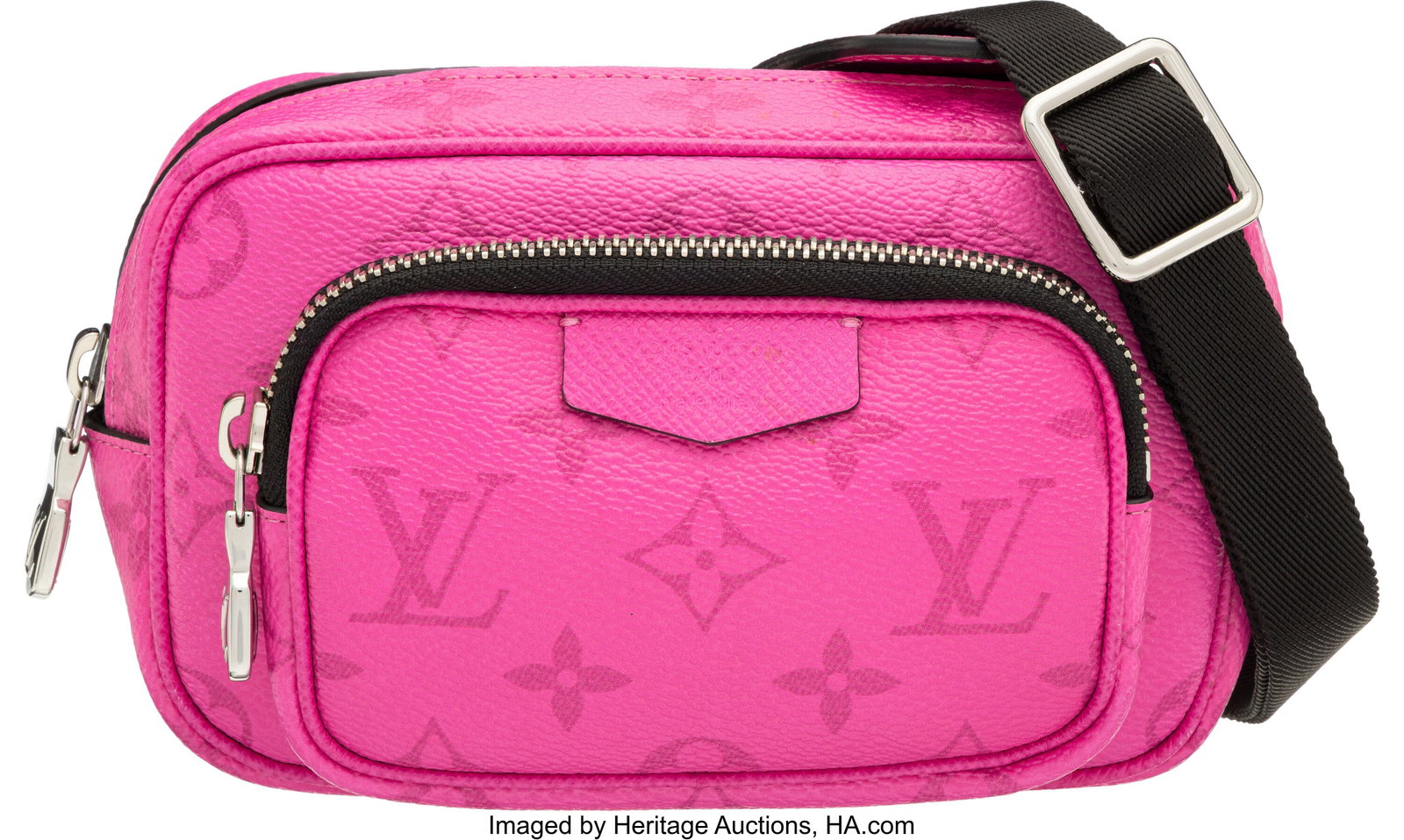 Louis Vuitton Pink Monogram Coated Canvas Taigar: Louis Vuitton Pink Monogram Coated Canvas Taigarama Outdoor Pouch Condition: 1 7" Width x 4.5" Height x 2" Depth This bag is done in Pink Monogram Coated Canvas with Silver Hardware&comma