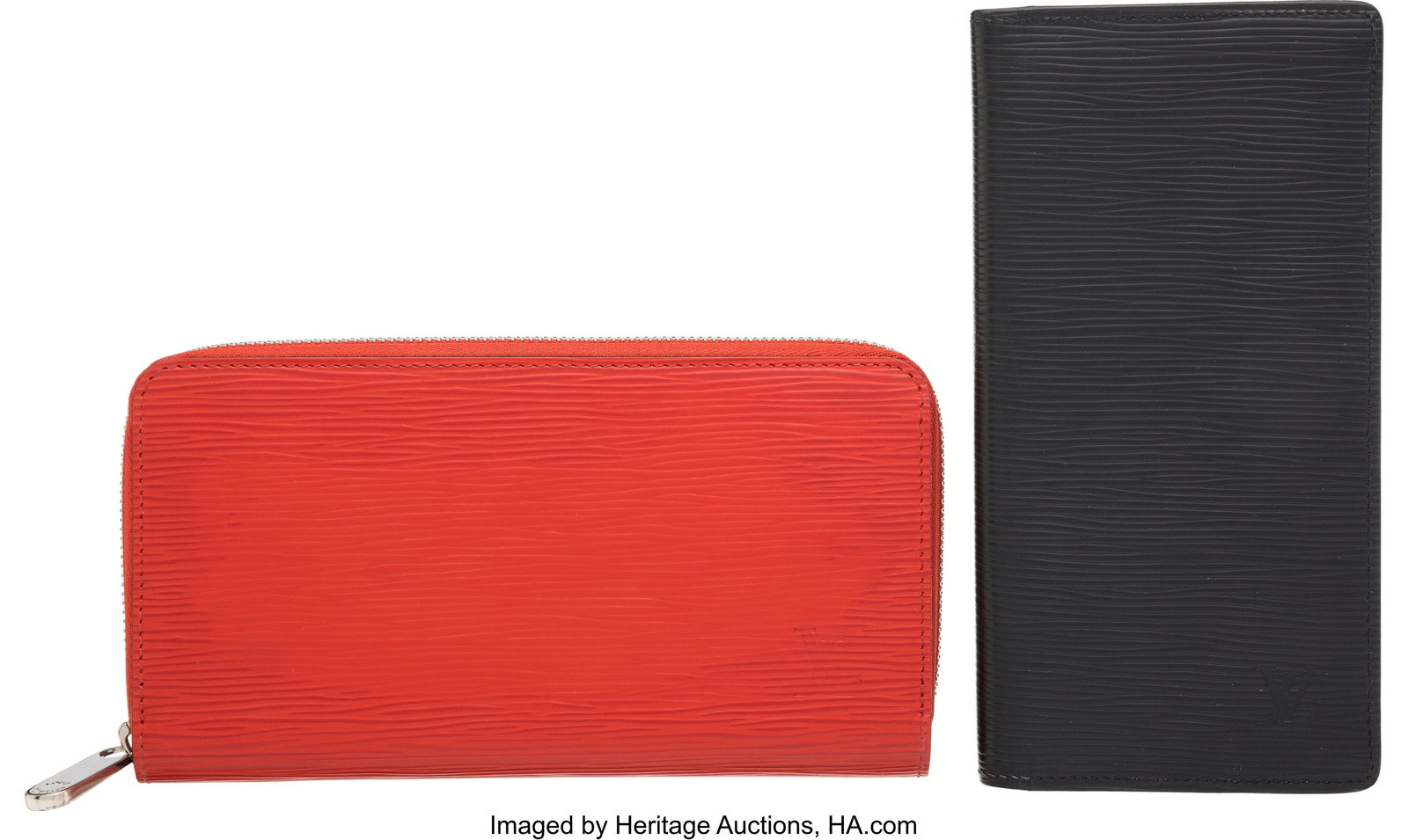 Louis Vuitton Set of Two: Red and Black Leather : Louis Vuitton Set of Two: Red and Black Leather Wallets See Extended Condition Report for Details. This set includes: Louis Vuitton Red Epi Leather Zippy Wallet with Silver Hardware