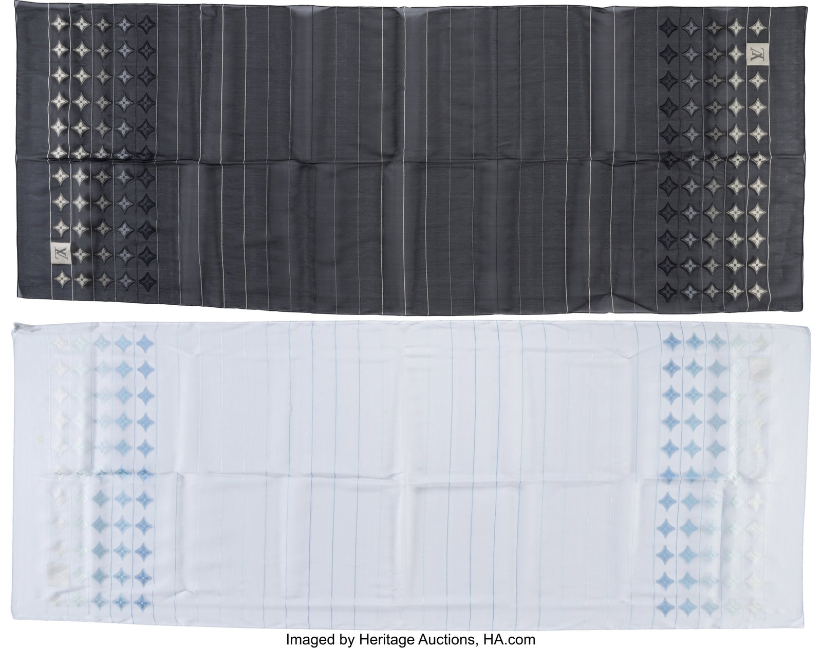 Louis Vuitton Set of Two: Black & Blue Silk Mous: Louis Vuitton Set of Two: Black & Blue Silk Mousseline Shawls See Extended Condition Report for Details. This set includes: Louis Vuitton Black Silk Mousseline Shawl (Condi