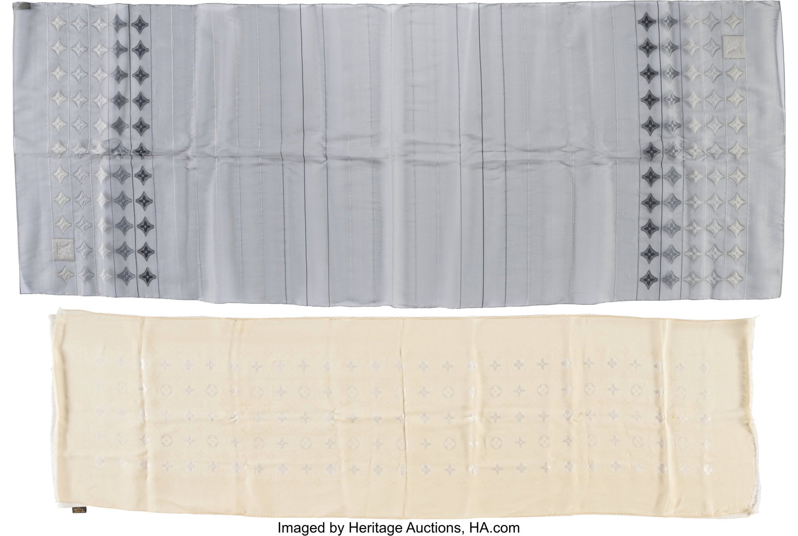Louis Vuitton Set of Two: Silk Mousseline Shawls: Louis Vuitton Set of Two: Silk Mousseline Shawls See Extended Condition Report for Details. This set includes: Louis Vuitton Silver Silk Mousseline Shawl (Condition: 2&co