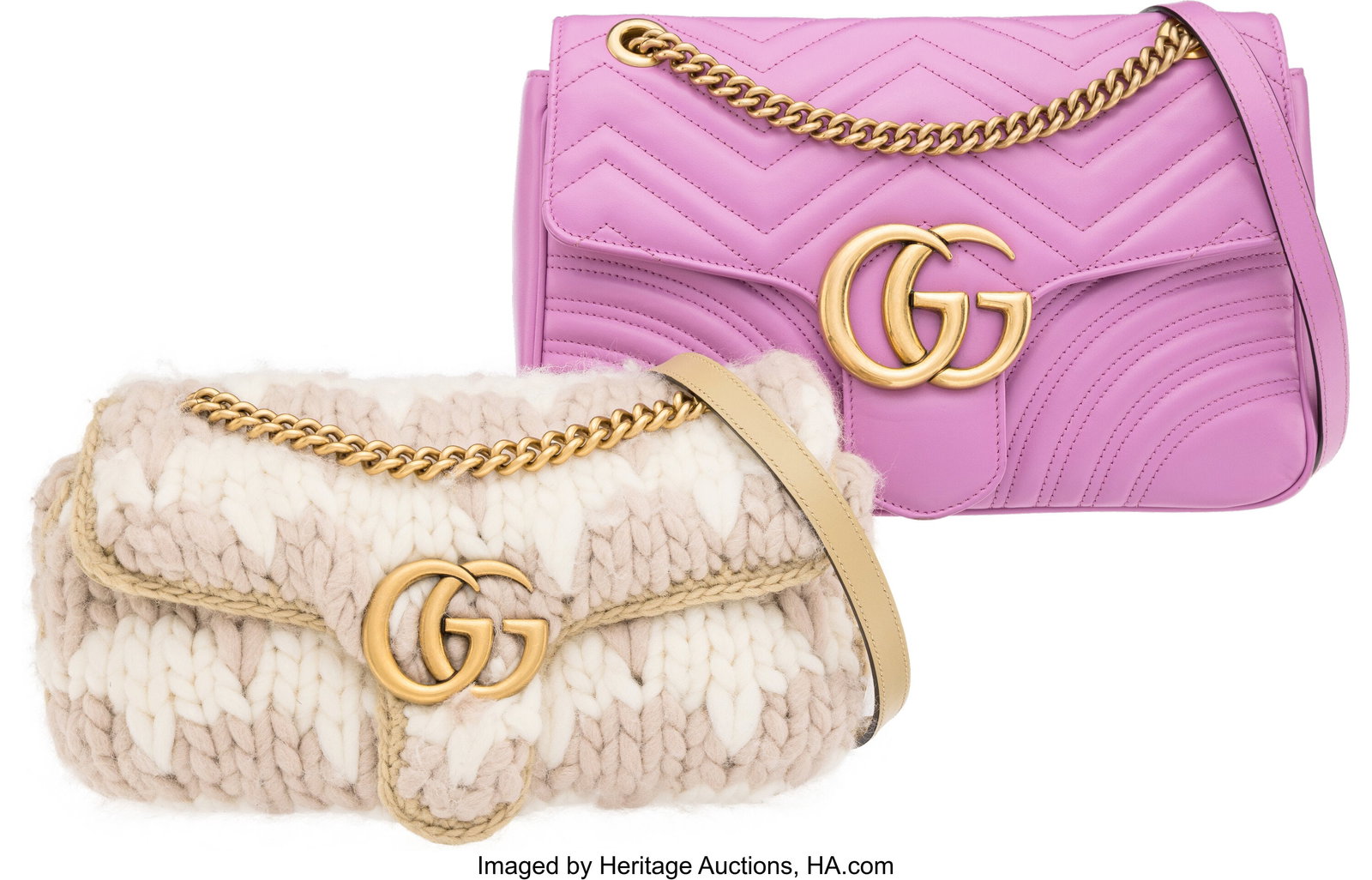 Gucci Set of Two: Pink Leather & Beige Crochet M: Gucci Set of Two: Pink Leather & Beige Crochet Marmont Bags See Extended Condition Report for Details. This set includes: Gucci Pink Leather Medium Marmont Bag with Aged Gold