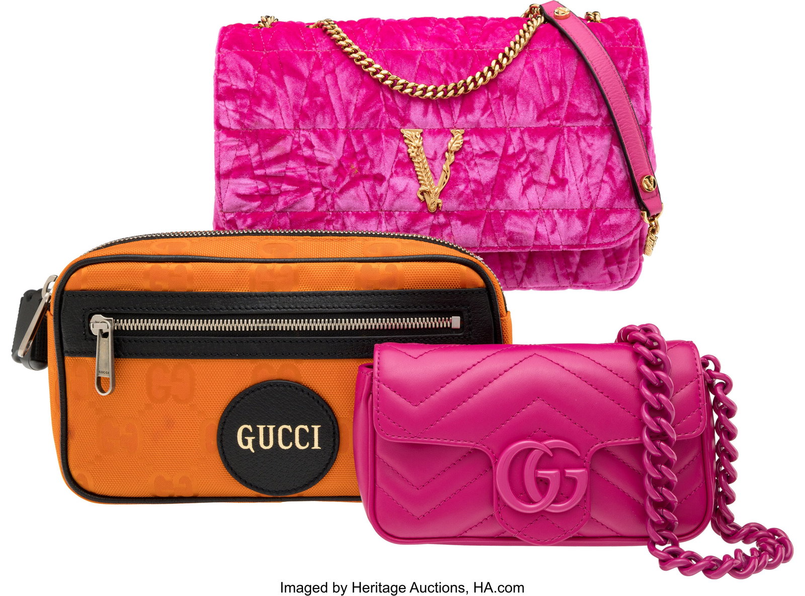 Set of Three: Gucci Pink Super Mini Marmont, Guc: Set of Three: Gucci Pink Super Mini Marmont, Gucci Waist Bag, and Versace Flap Bag See Extended Condition Report for Details. This set includes: Gucci Pink Quilted Leath