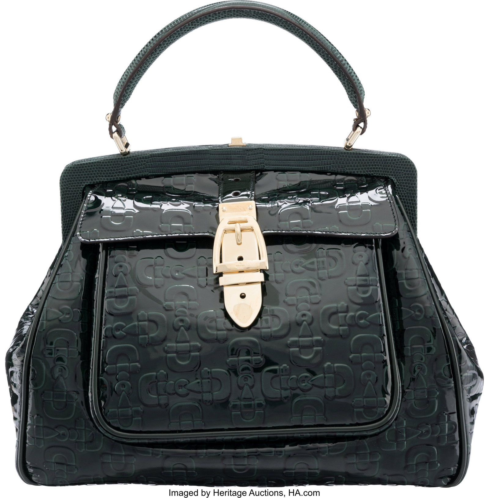 Gucci Green Embossed Patent Leather & Lizard Fra: Gucci Green Embossed Patent Leather & Lizard Frame Bag with Gold Hardware Condition: 2 12" Width x 9" Height x 5" Depth This bag is done in Green Embossed Patent Leather and Green Lizard wit