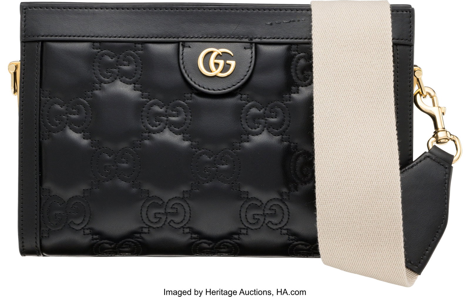 Gucci Black Quilted GG Leather Shoulder Bag with: Gucci Black Quilted GG Leather Shoulder Bag with Gold Hardware Condition: 3 10" Width x 7" Height x 3" Depth This bag is done in Black Quilted Leather with Gold Hardware, featuring a