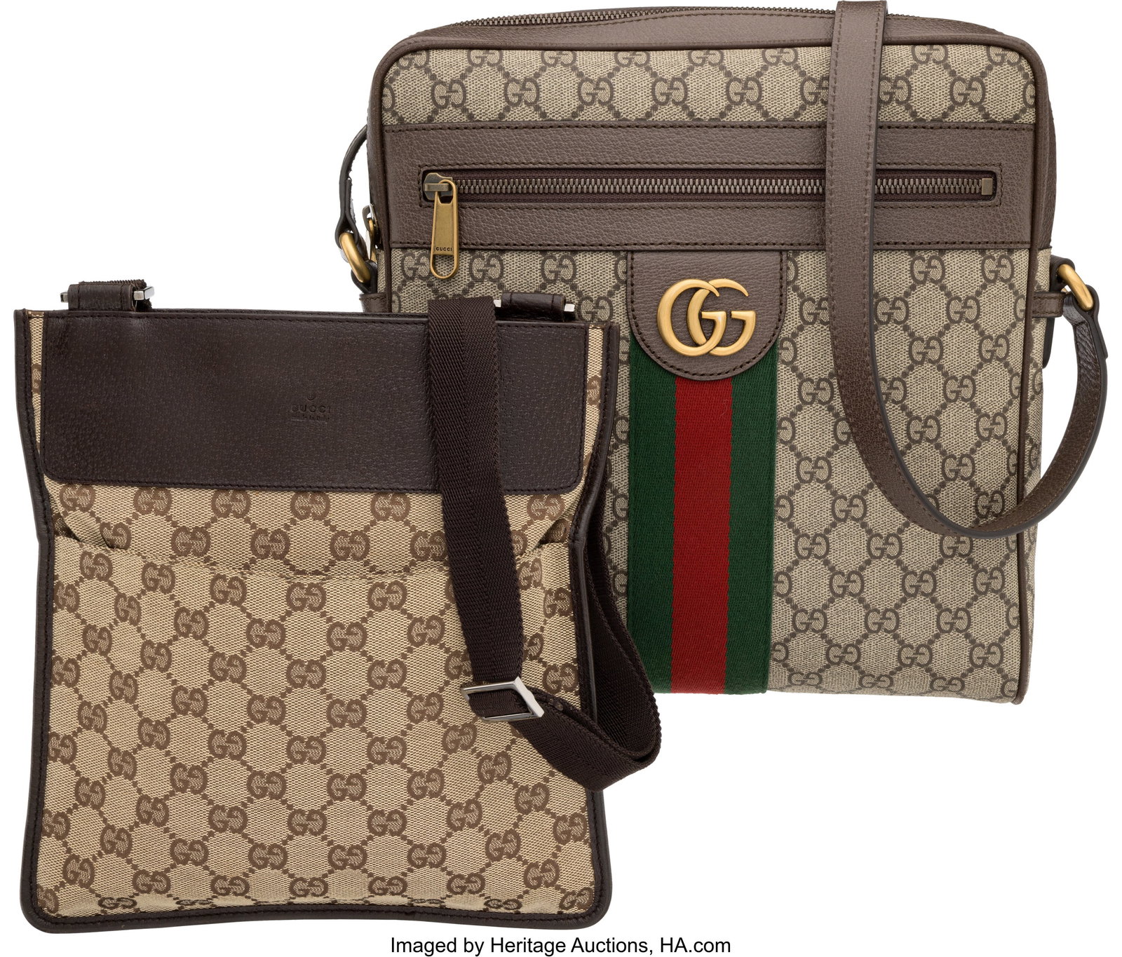Gucci Set of Two: Monogram Crossbody Bag and Mes: Gucci Set of Two: Monogram Crossbody Bag and Messenger Bag See Extended Condition Report for Details: This lot includes: Gucci Brown Monogram Canvas Crossbody Bag with Silver