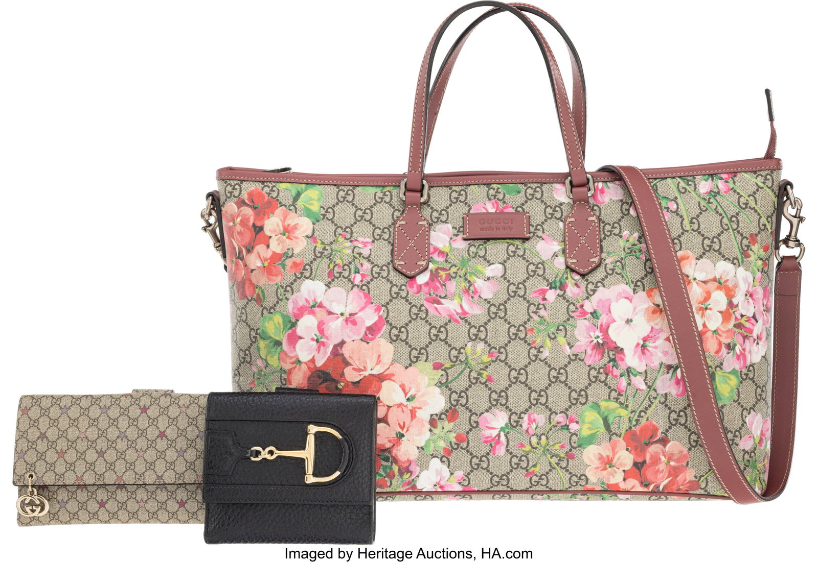 Gucci Set of Three: Blooms Tote Bag & Two Wallet: Gucci Set of Three: Blooms Tote Bag & Two Wallets See Extended Condition Report for Details. This set includes: Gucci GG Blooms Supreme Monogram Coated Canvas Zip Tote Bag with