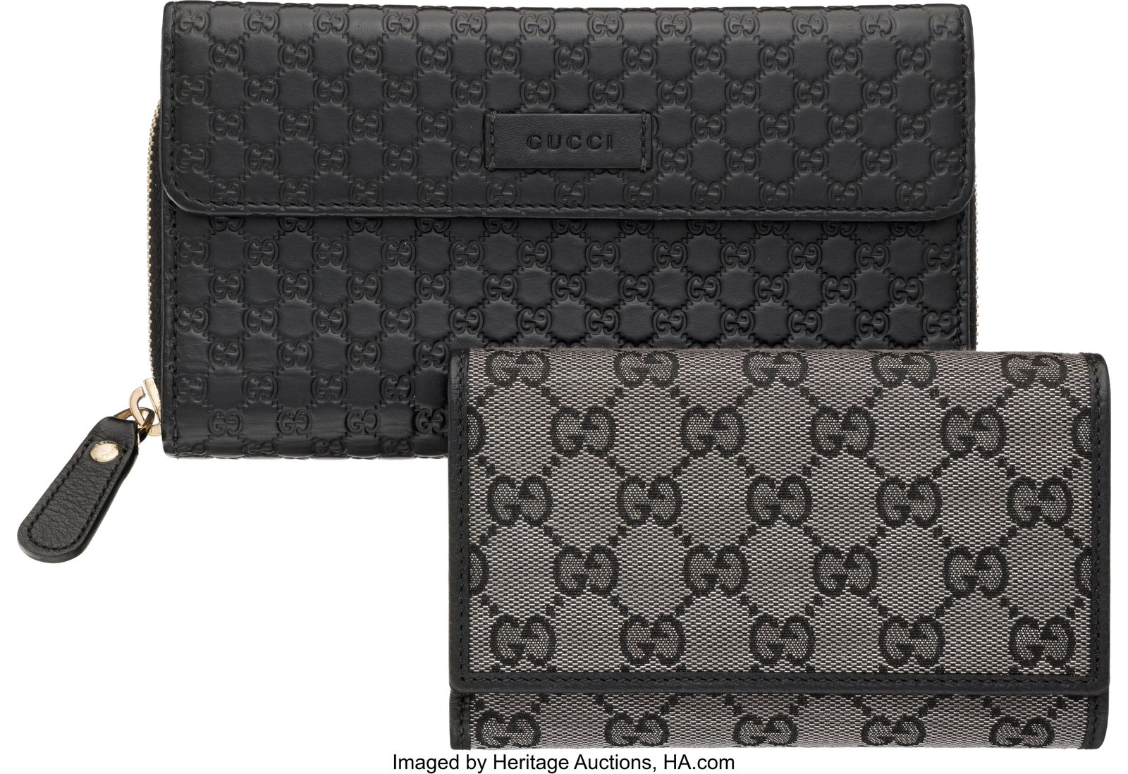 Gucci Set of Two: Black Leather Wallet and GG Ca: Gucci Set of Two: Black Leather Wallet and GG Canvas Wallet See Extended Condition Report for Details: This set includes: Gucci Grey and Black GG Supreme Monogram Canvas Wallet with