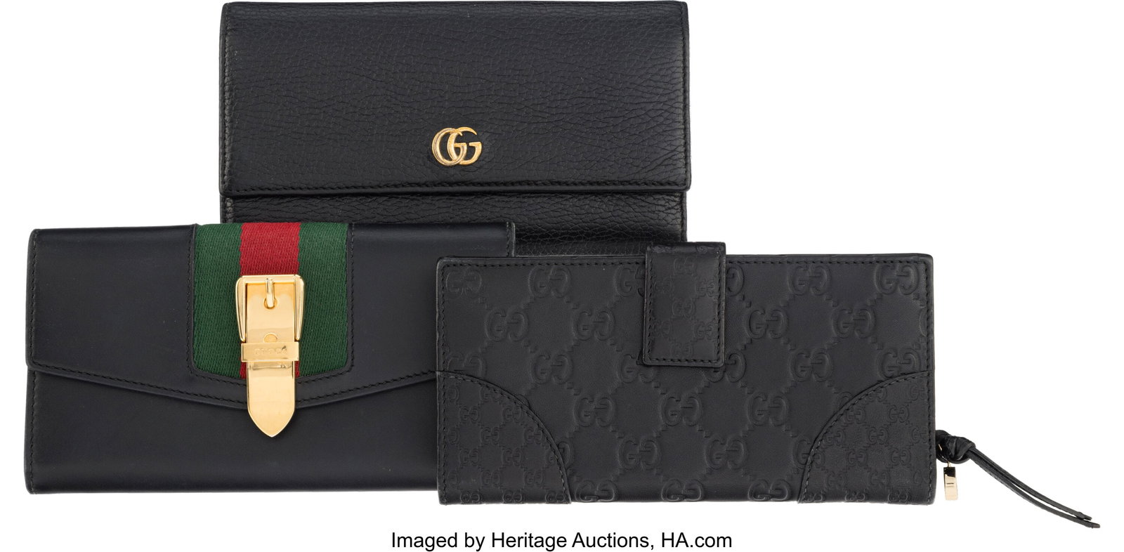 Gucci Set of Three: Wallets See Extended Condit: Gucci Set of Three: Wallets See Extended Condition Report for Details. This set includes: Gucci Black Embossed Leather GG Wallet (Condition: 3, 7.5" Width x