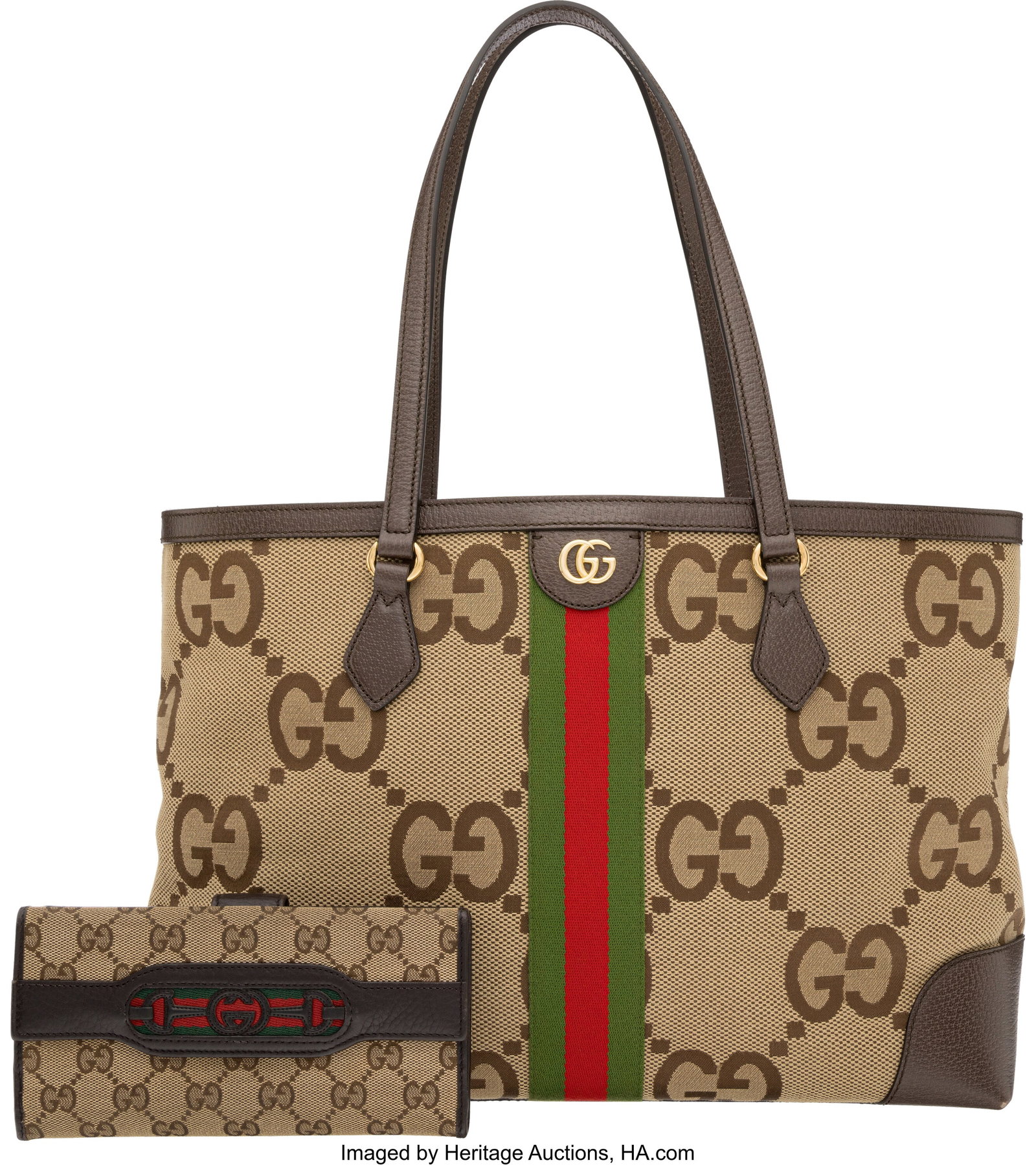 Gucci Set of Two: Canvas Tote Bag and Wallet See: Gucci Set of Two: Canvas Tote Bag and Wallet See Extended Condition Report for Details. This set includes: Gucci Brown Canvas and Leather Web Ophidia Tote Bag with Gold Hardware &lp