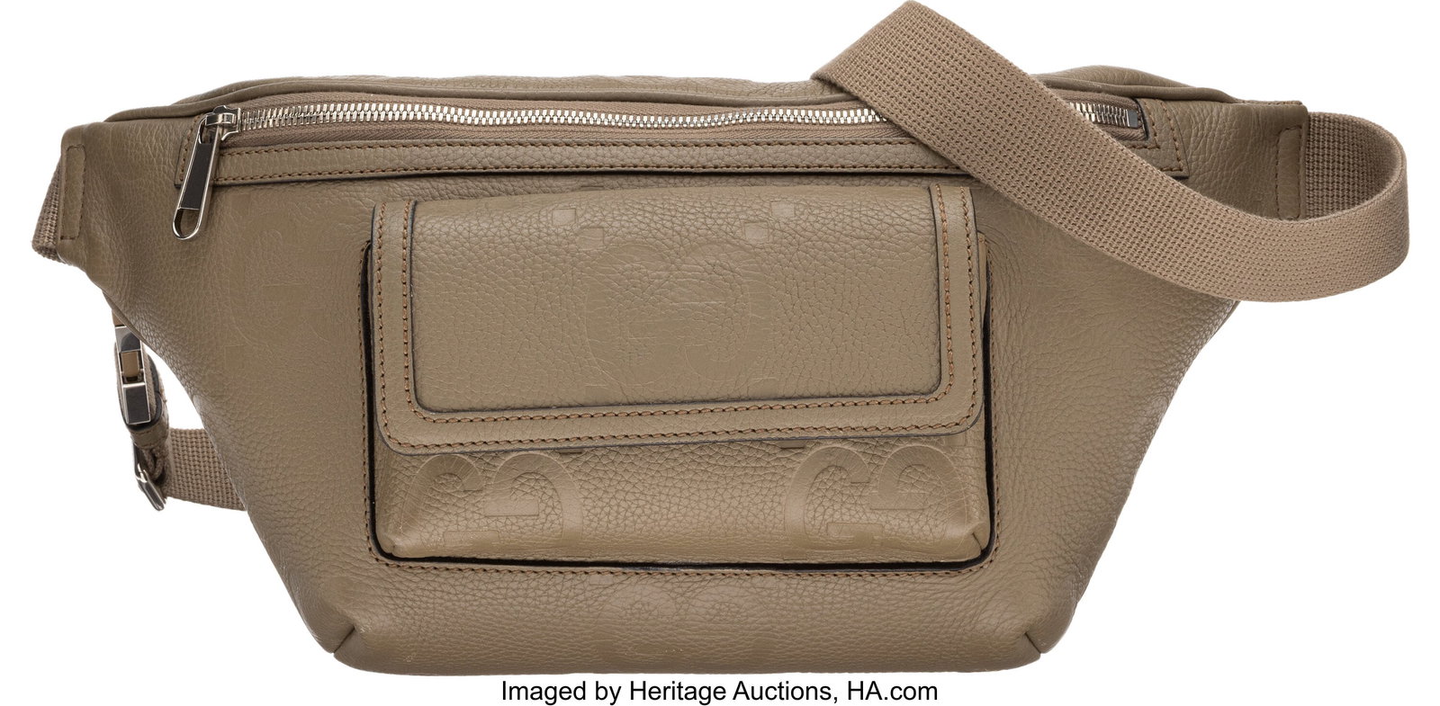 Gucci Taupe Calfskin GG Embossed Belt Bag Condi: Gucci Taupe Calfskin GG Embossed Belt Bag Condition: 2 15" Width x 8" Height x 1.5" Depth This bag is done in Taupe Calfskin with Brass Hardware, featuring a front pocket with a mag