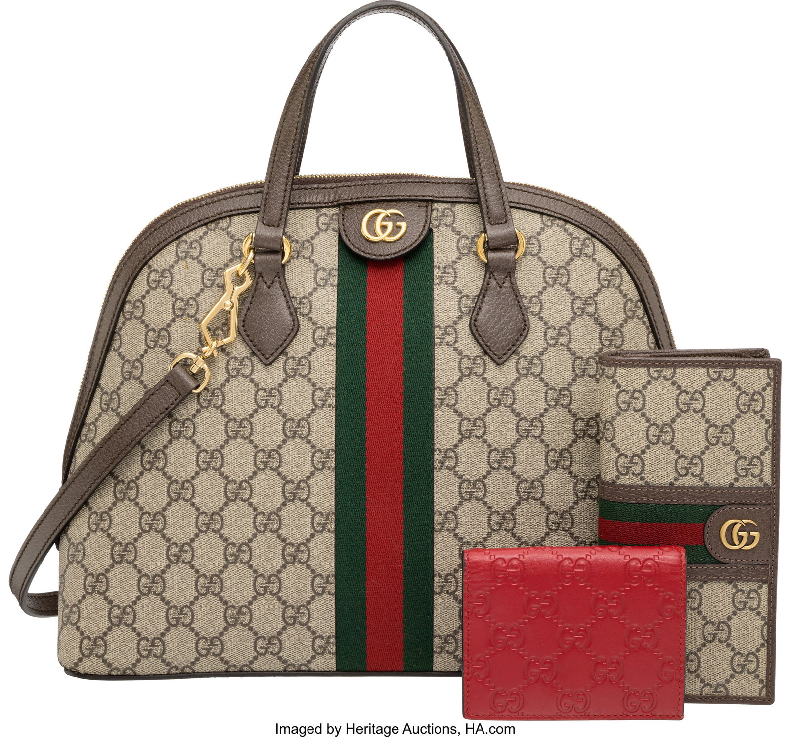 Gucci Set of Three: GG Monogram Ophidia Medium B: Gucci Set of Three: GG Monogram Ophidia Medium Bag & Two Card Cases See Extended Condition Report for Details. This set includes: Gucci GG Supreme Monogram Coated Canvas Ophidia