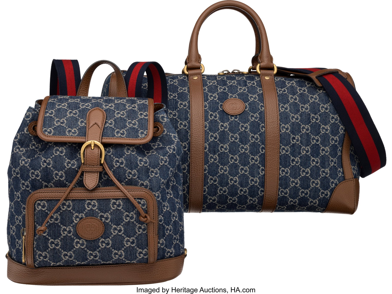 Gucci Set of Two: Denim Monogram Backpack & Duff: Gucci Set of Two: Denim Monogram Backpack & Duffle Bag See Extended Condition Report for Details. This set includes: Gucci Blue Denim GG Supreme Monogram and Brown Leather Trim 