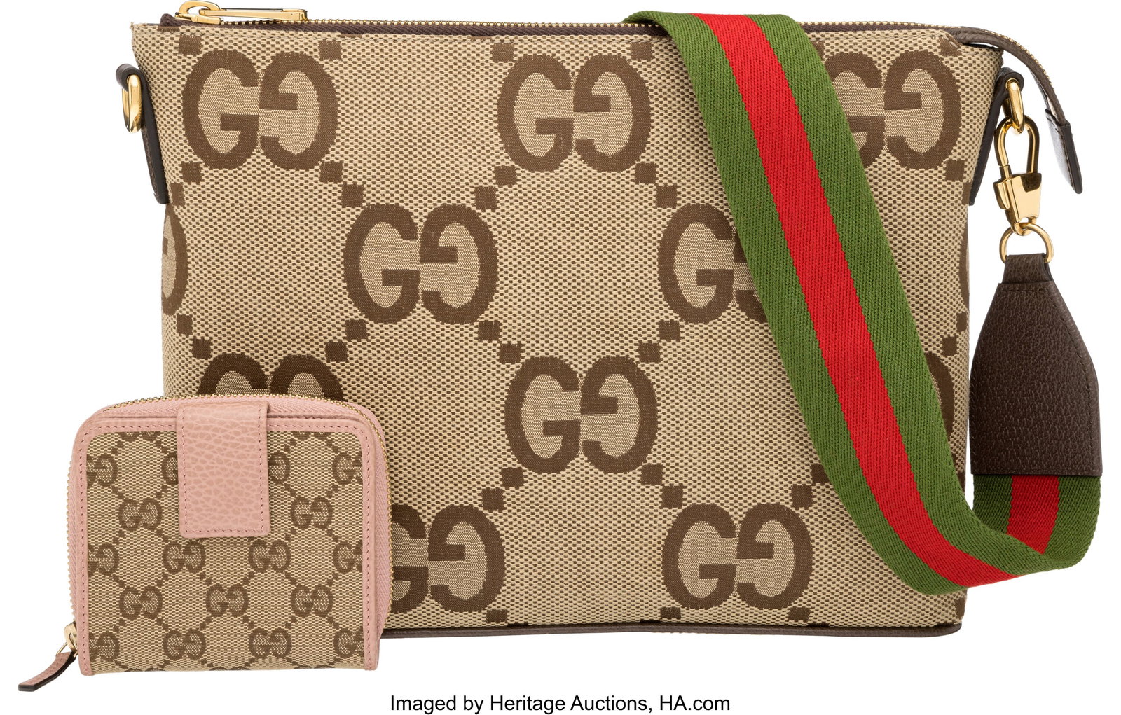 Gucci Set of Two: GG Monogram Shoulder Bag and W: Gucci Set of Two: GG Monogram Shoulder Bag and Wallet See Extended Condition Report for Details. This set includes: Gucci Brown GG Monogram Canvas and Brown Leather Shoulder Bag wit