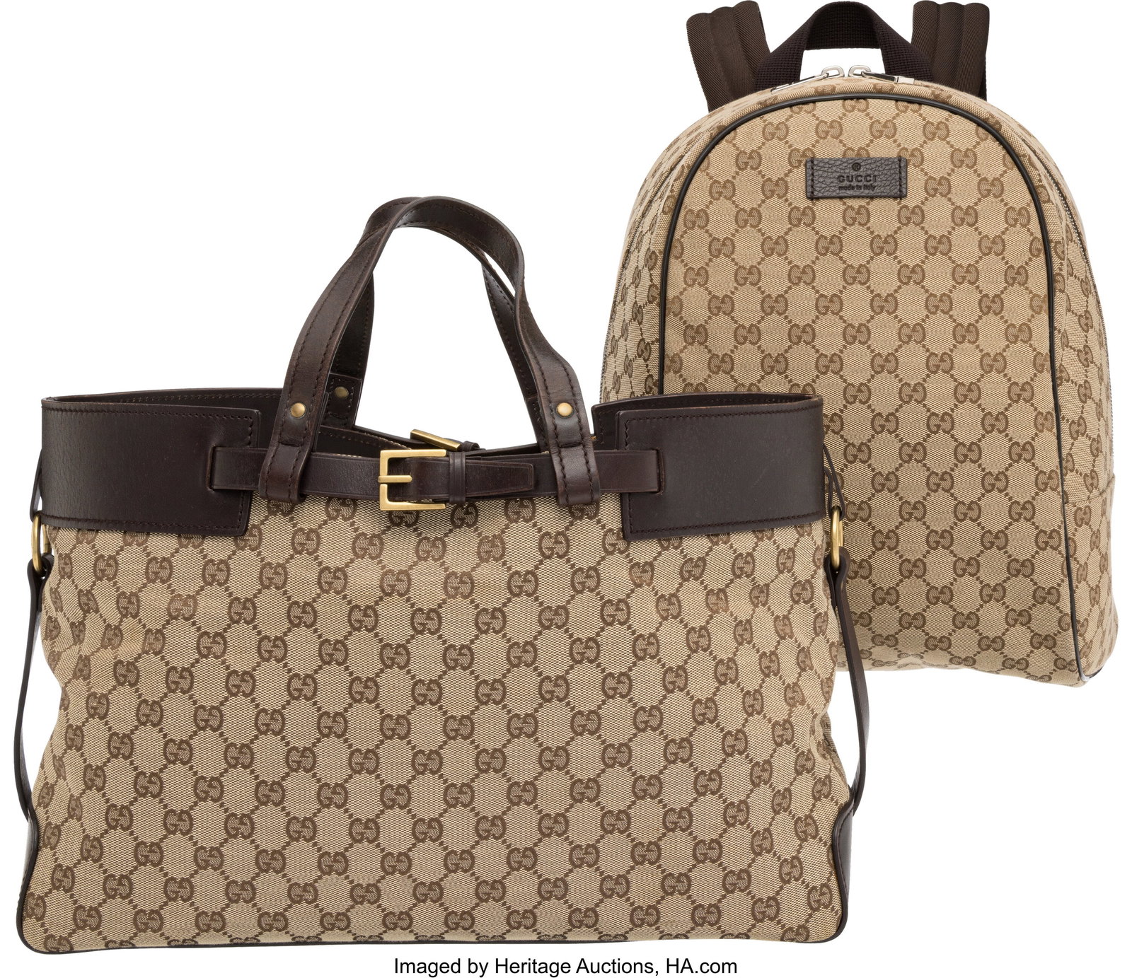 Gucci Set of Two: GG Supreme Monogram Canvas Bac: Gucci Set of Two: GG Supreme Monogram Canvas Backpack and Tote Bag See Extended Condition Report for Details: This set includes: Gucci Brown GG Supreme Monogram Canvas Backpack with 