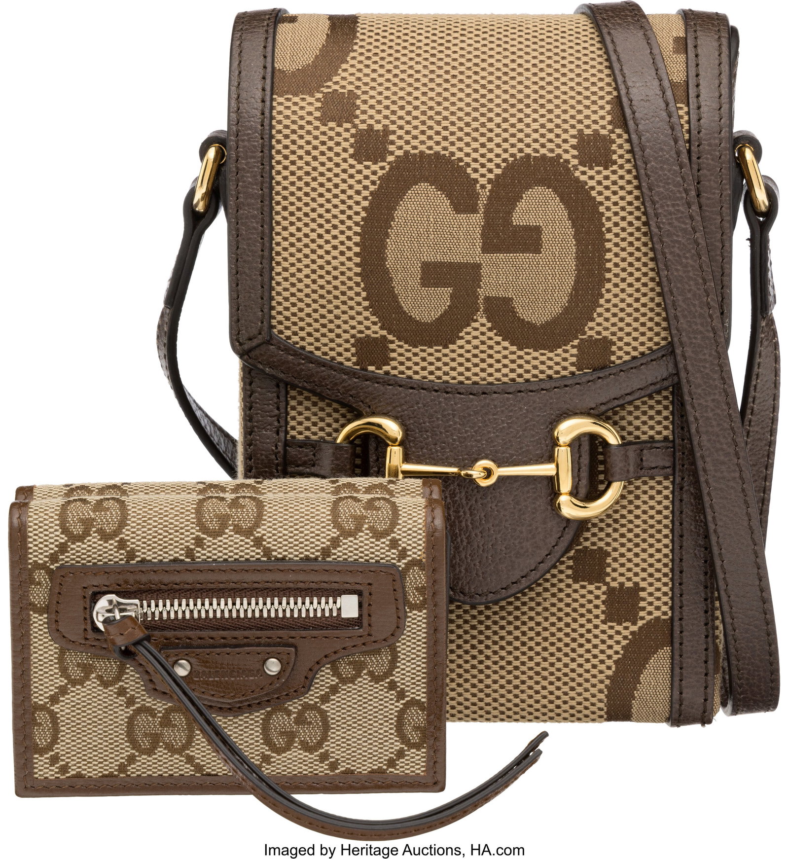 Set of Two: Gucci GG Canvas Mini Crossbody Bag a: Set of Two: Gucci GG Canvas Mini Crossbody Bag and Gucci x Balenciaga GG Canvas Wallet See Extended Condition Report for Details: This set includes: Gucci Brown GG Canvas and Brown L