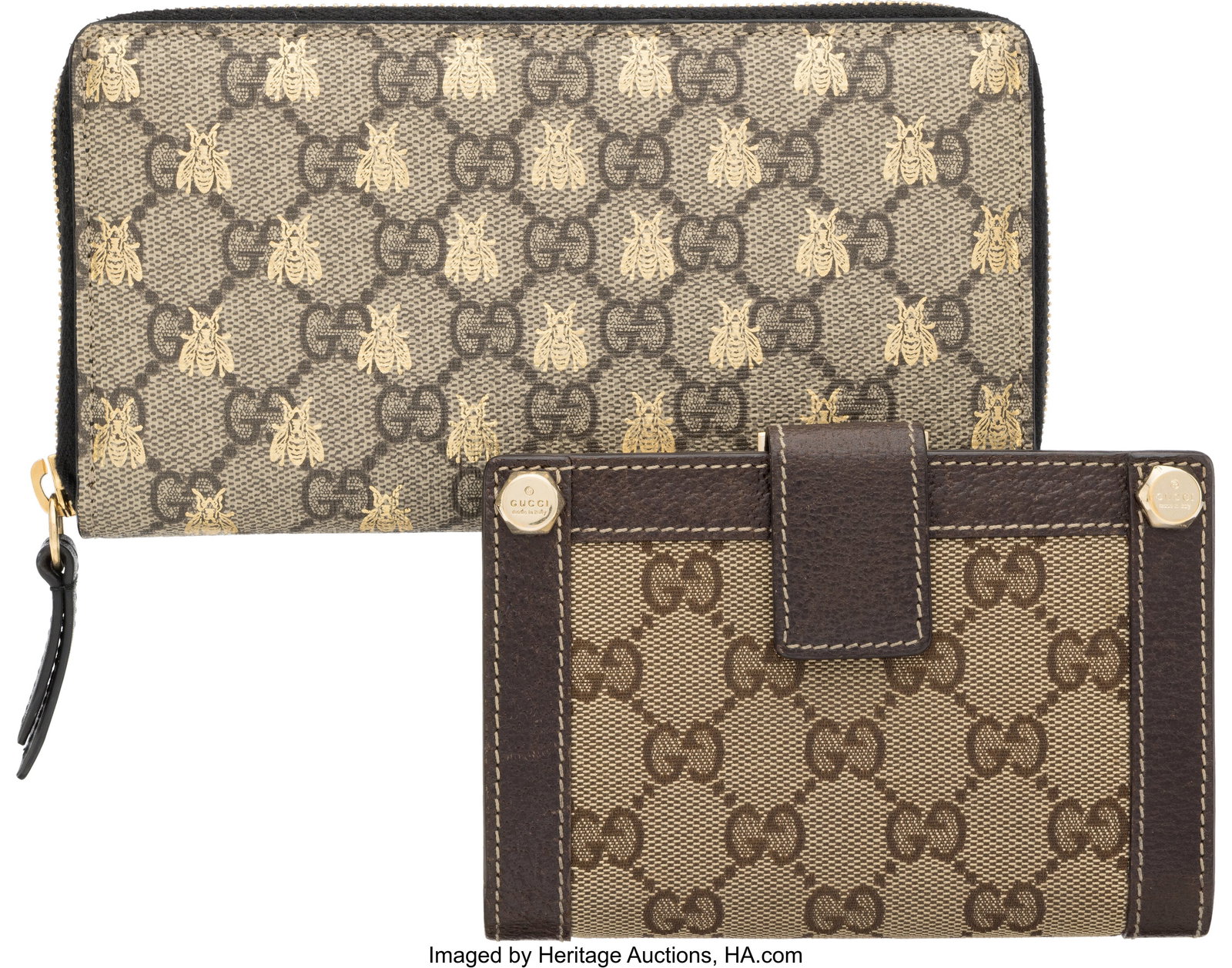 Gucci Set of Two: Wallets See Extended Condition: Gucci Set of Two: Wallets See Extended Condition Report for Details. This set includes: Gucci Beige and Brown GG Monogram Canvas and Leather Wallet (Condition 3, 4&period