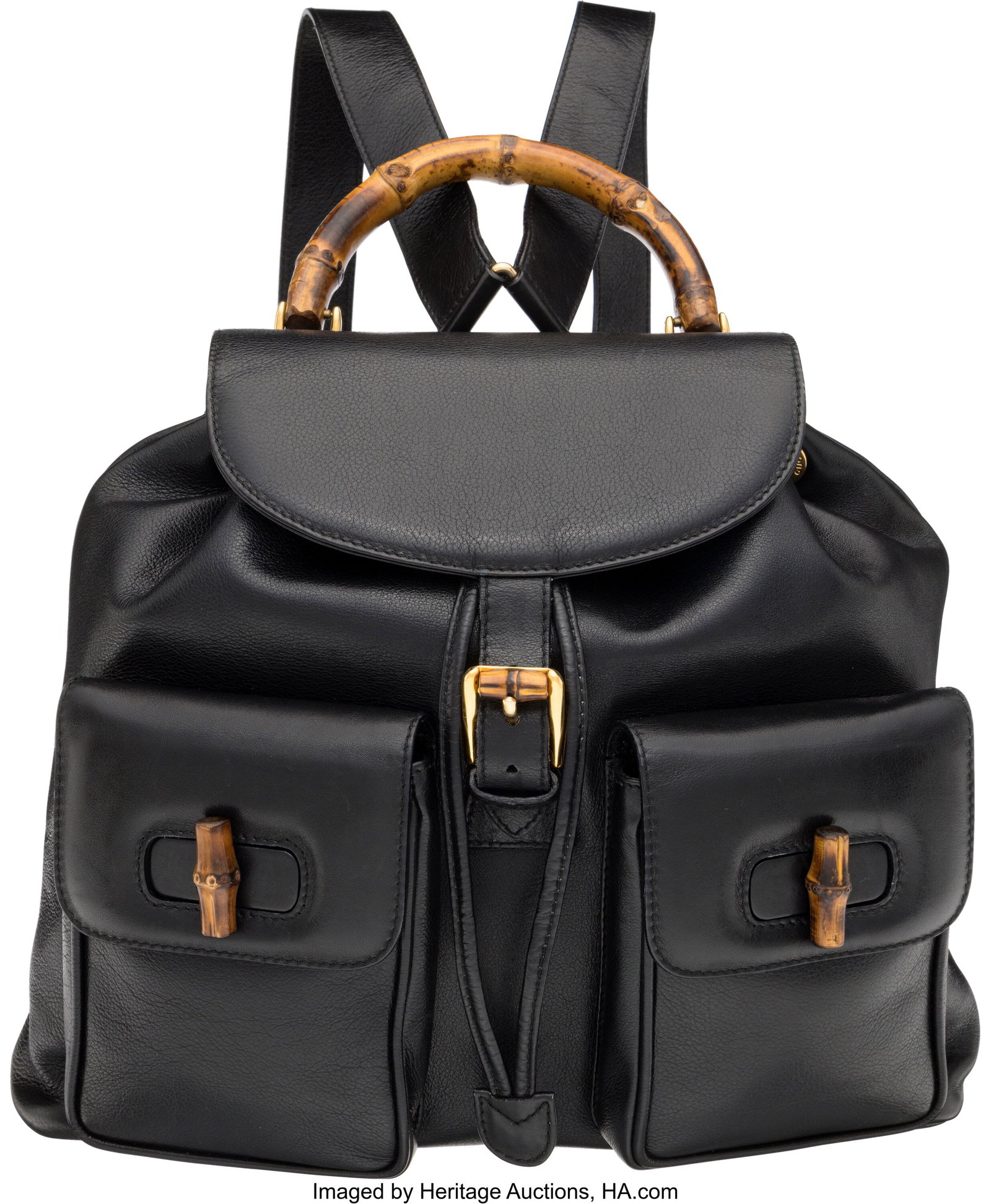 Gucci Black Leather Bamboo Top Handle Backpack w: Gucci Black Leather Bamboo Top Handle Backpack with Gold Hardware Condition: 3 12" Width x 11" Height x 4.5" Depth This backpack is done is Black Leather with Gold Hardware, featuri