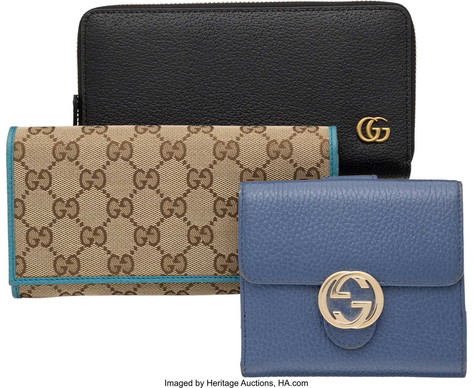 Gucci Set of Three: Black Leather Wallet, GG Mon: Gucci Set of Three: Black Leather Wallet, GG Monogram Wallet, and Blue Leather Wallet See Extended Condition Report for Details: This set includes: Gucci Black Leather GG