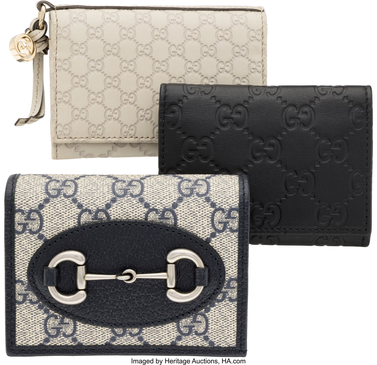 Gucci Set of Three: Monogram Wallets See Extende: Gucci Set of Three: Monogram Wallets See Extended Condition Report for Details: This set includes: Gucci White Guccissima Leather Continental Wallet with Silver Hardware (Condit